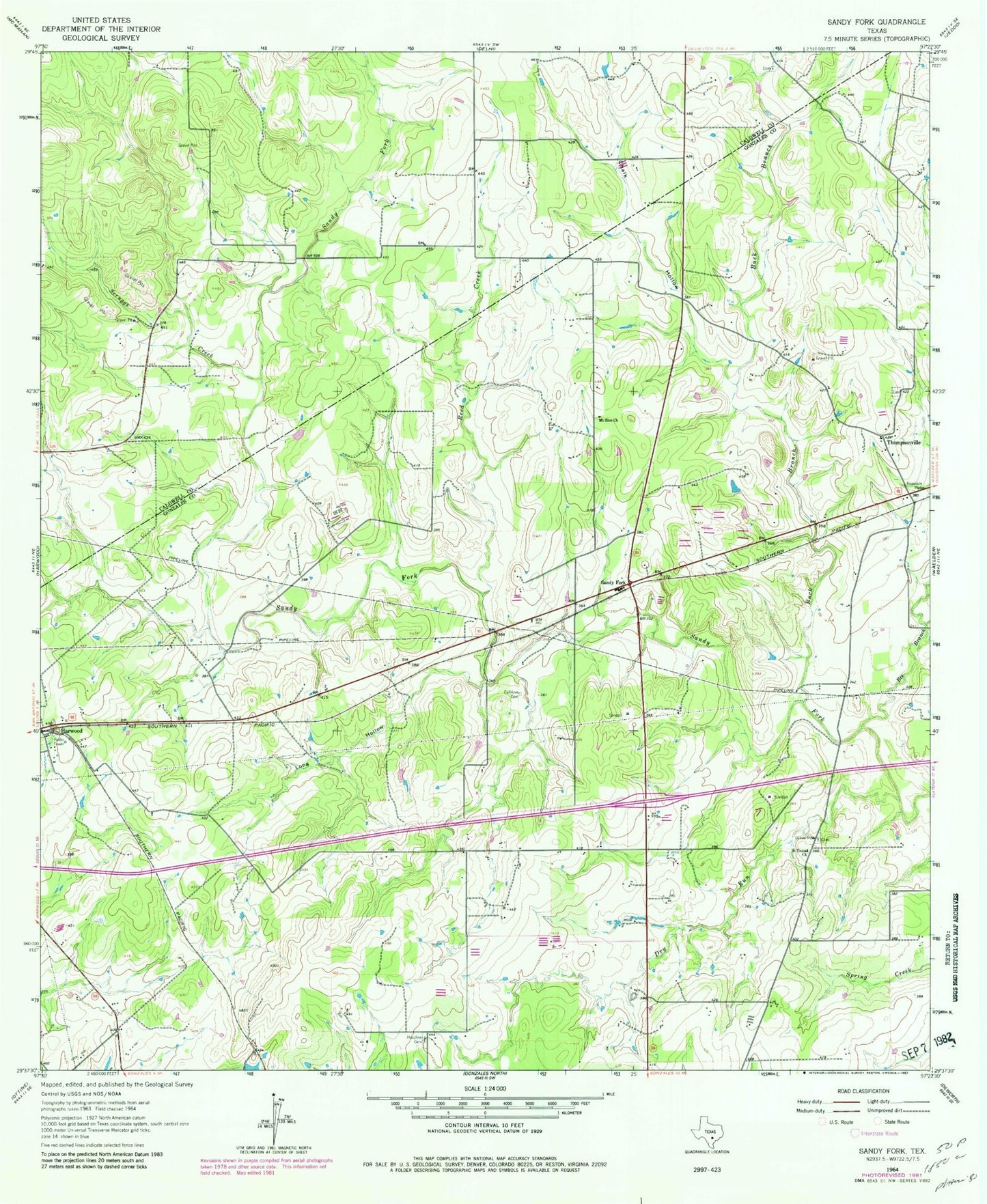 Classic USGS Sandy Fork Texas 7.5'x7.5' Topo Map Image