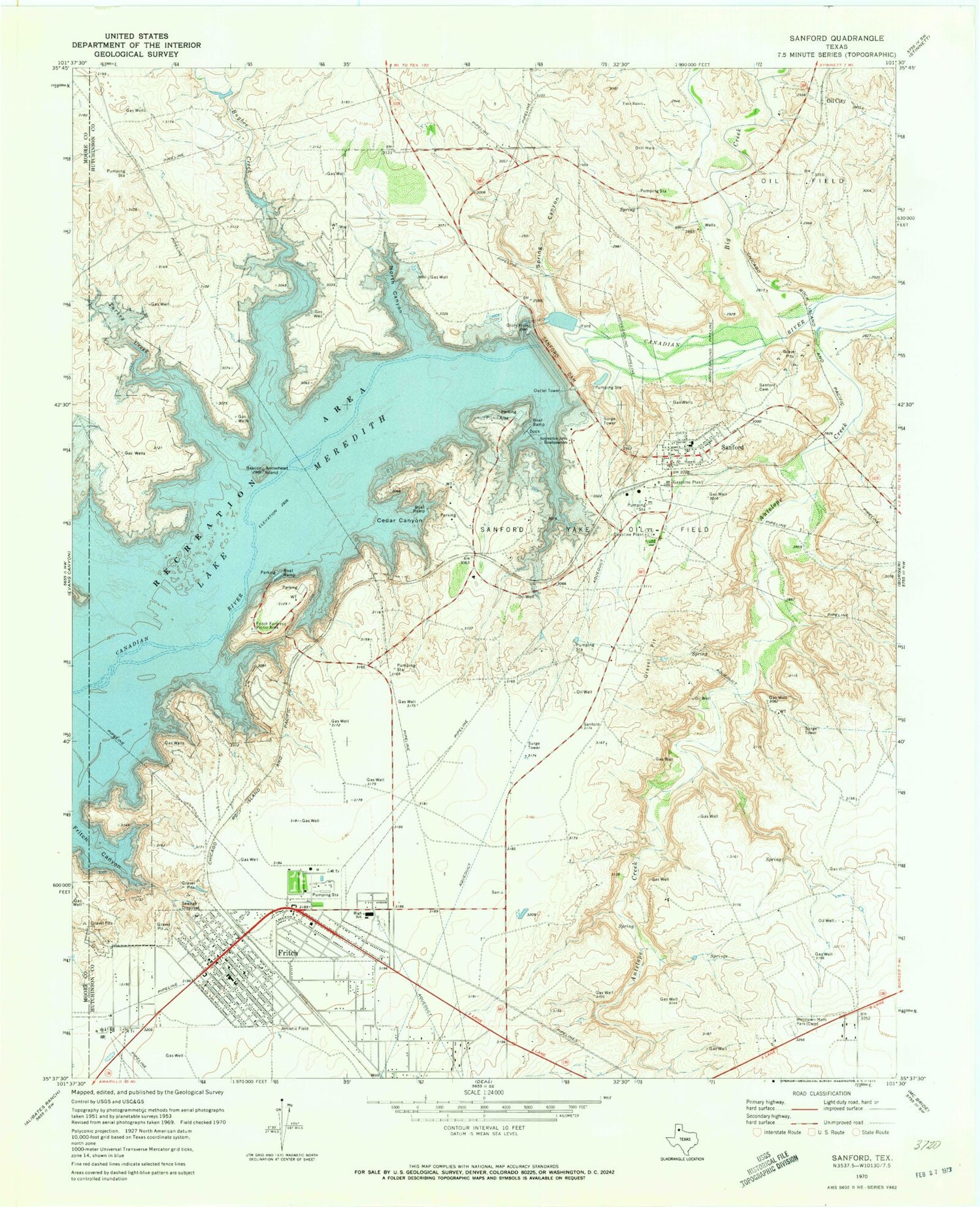 Classic USGS Sanford Texas 7.5'x7.5' Topo Map Image