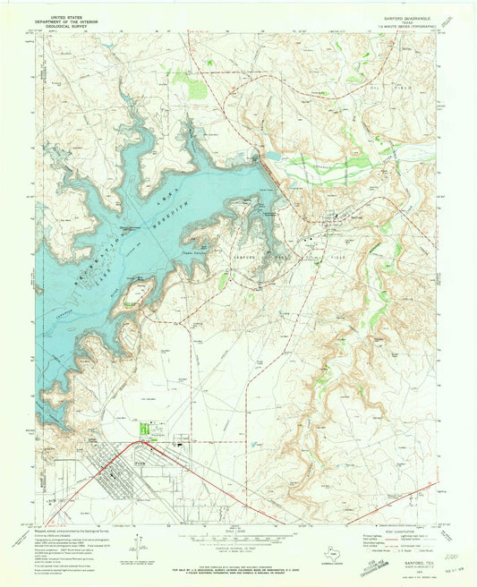 Classic USGS Sanford Texas 7.5'x7.5' Topo Map Image