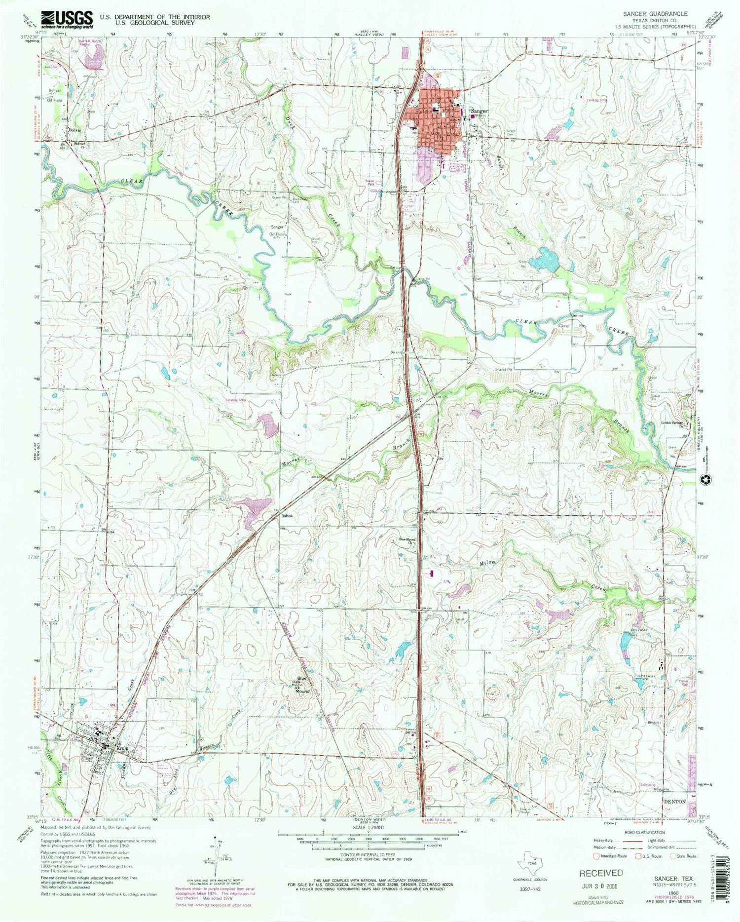 Classic USGS Sanger Texas 7.5'x7.5' Topo Map Image