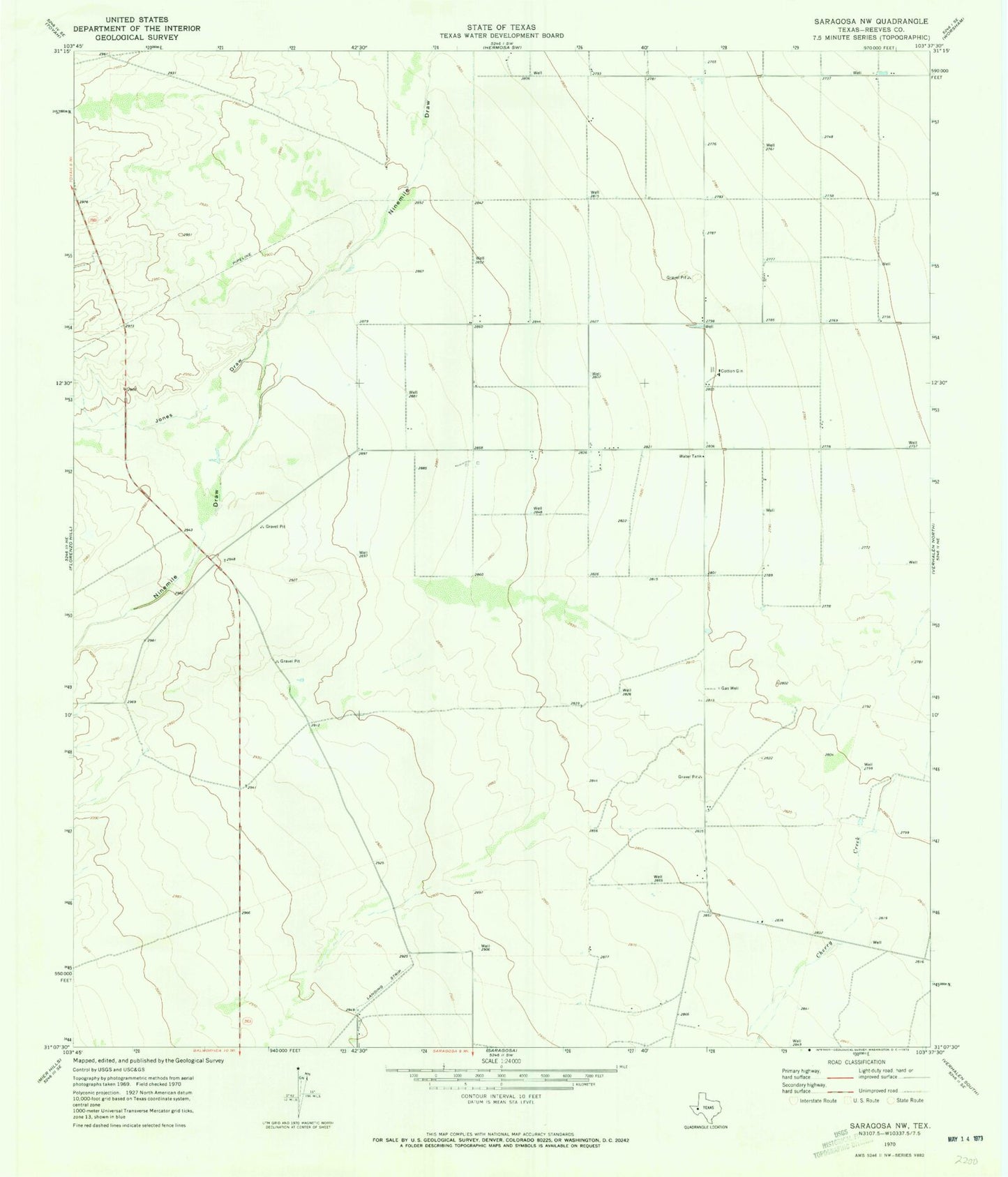 Classic USGS Saragosa NW Texas 7.5'x7.5' Topo Map Image