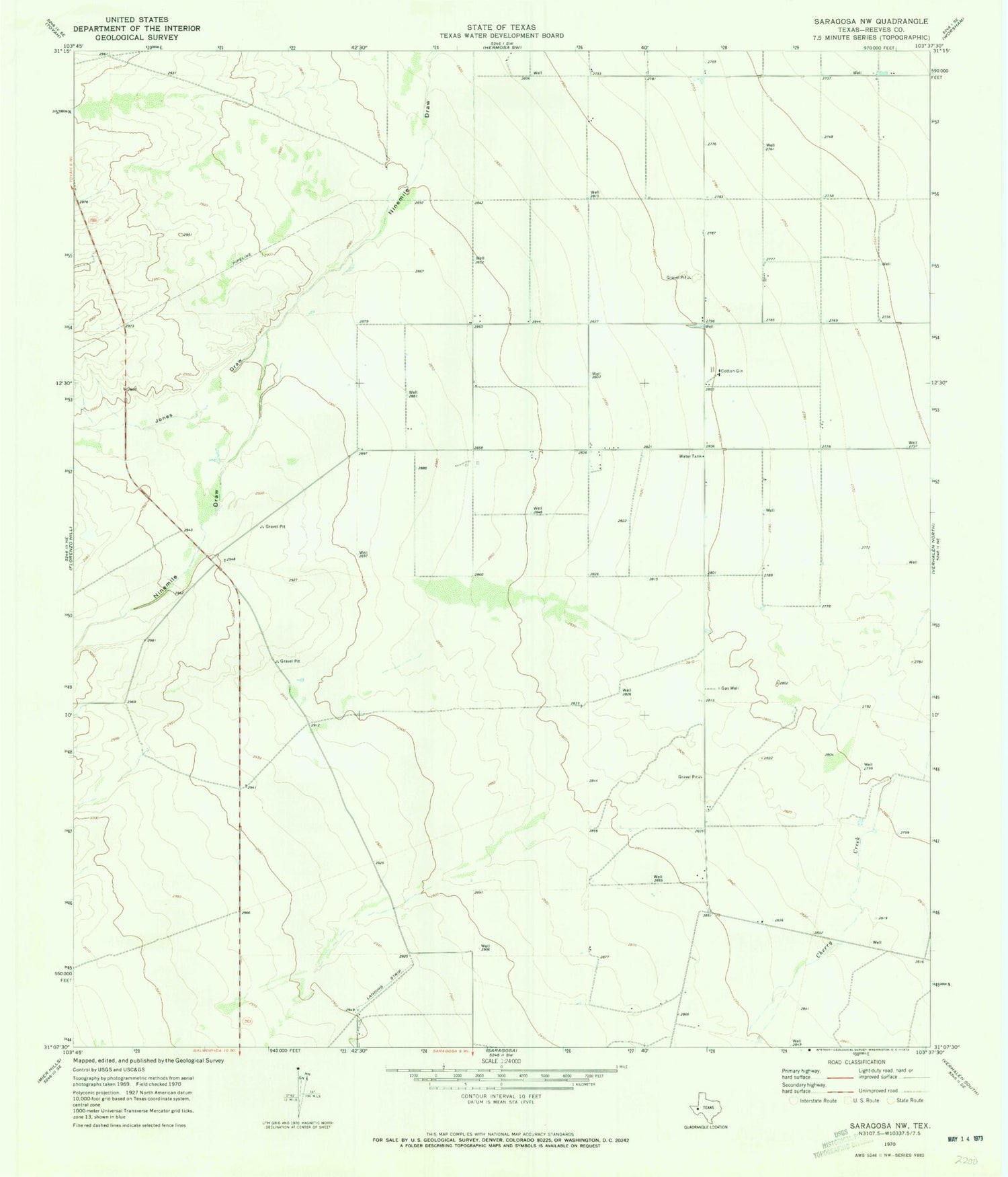 Classic USGS Saragosa NW Texas 7.5'x7.5' Topo Map Image