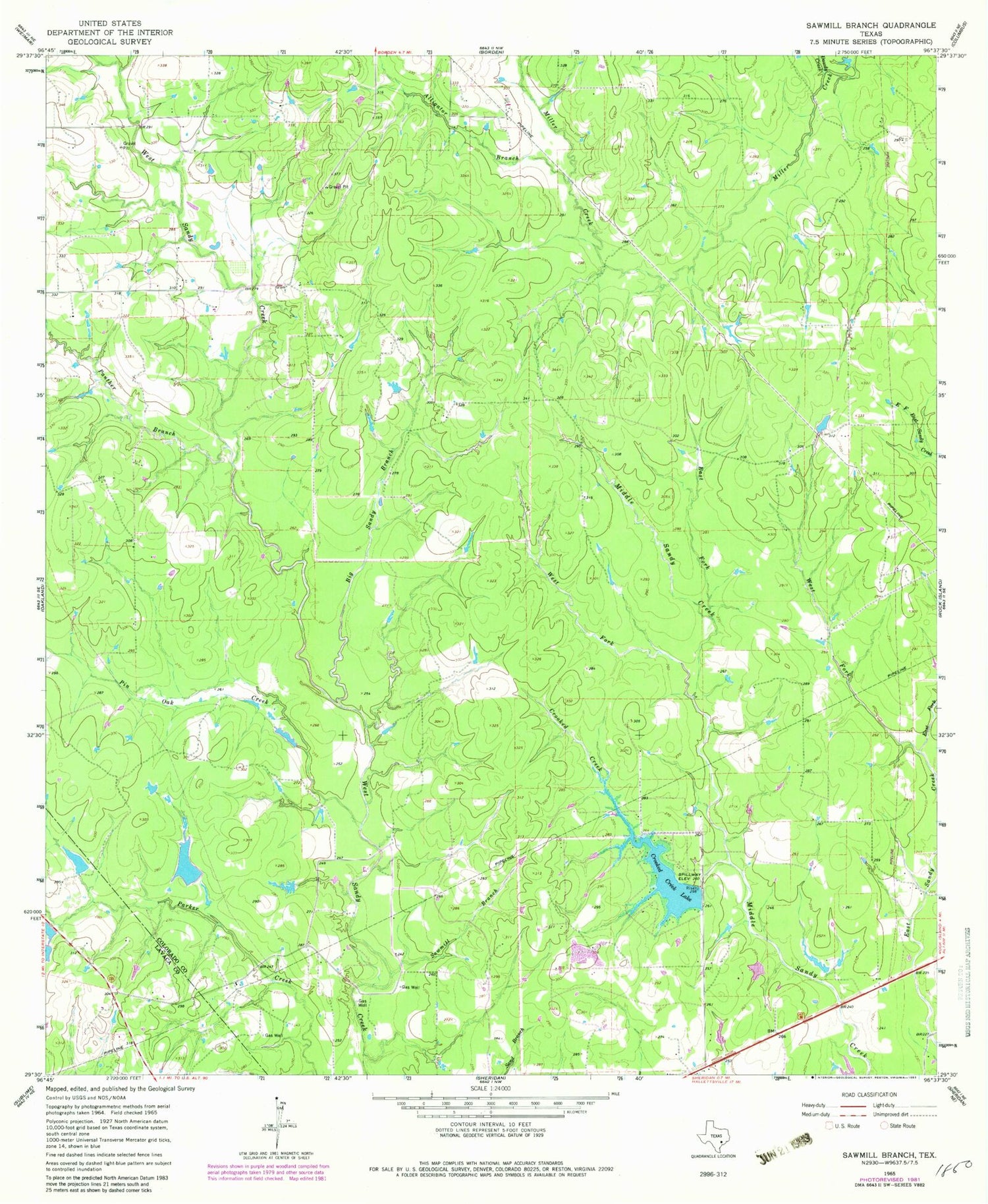 Classic USGS Sawmill Branch Texas 7.5'x7.5' Topo Map Image