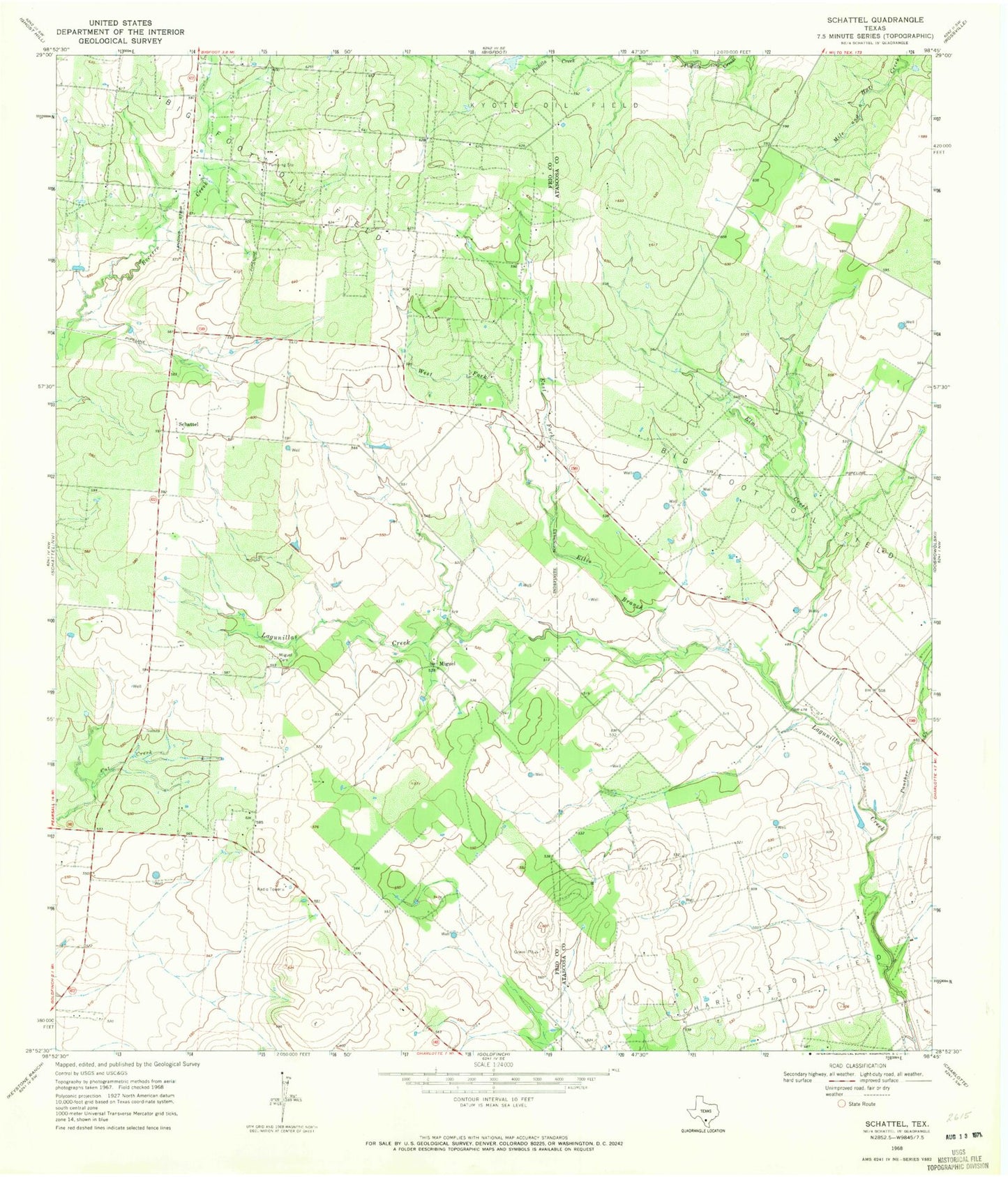 Classic USGS Schattel Texas 7.5'x7.5' Topo Map Image