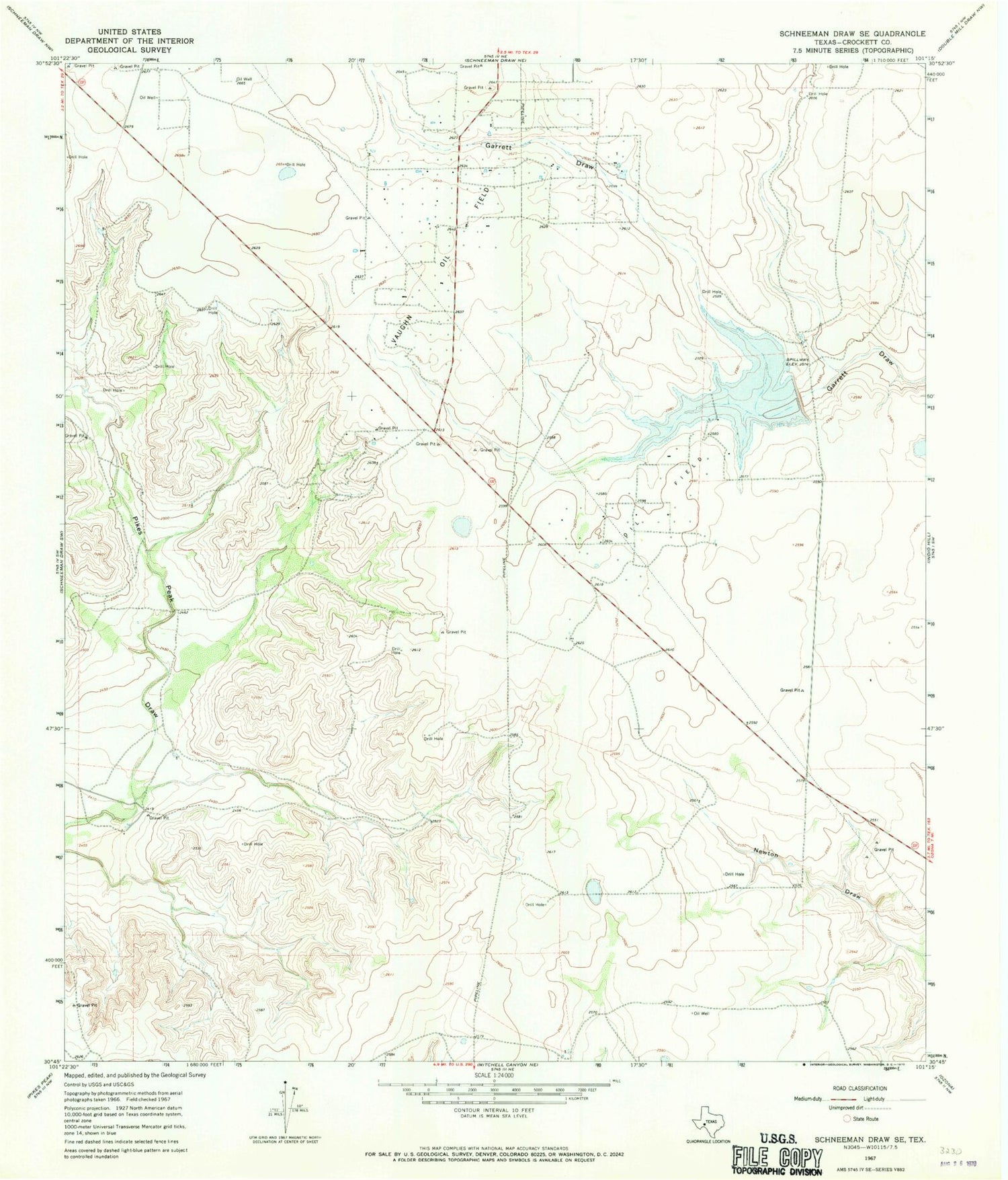 Classic USGS Schneeman Draw SE Texas 7.5'x7.5' Topo Map Image
