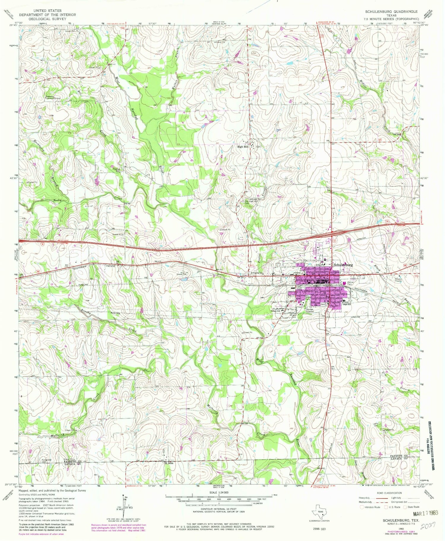 Classic USGS Schulenburg Texas 7.5'x7.5' Topo Map Image