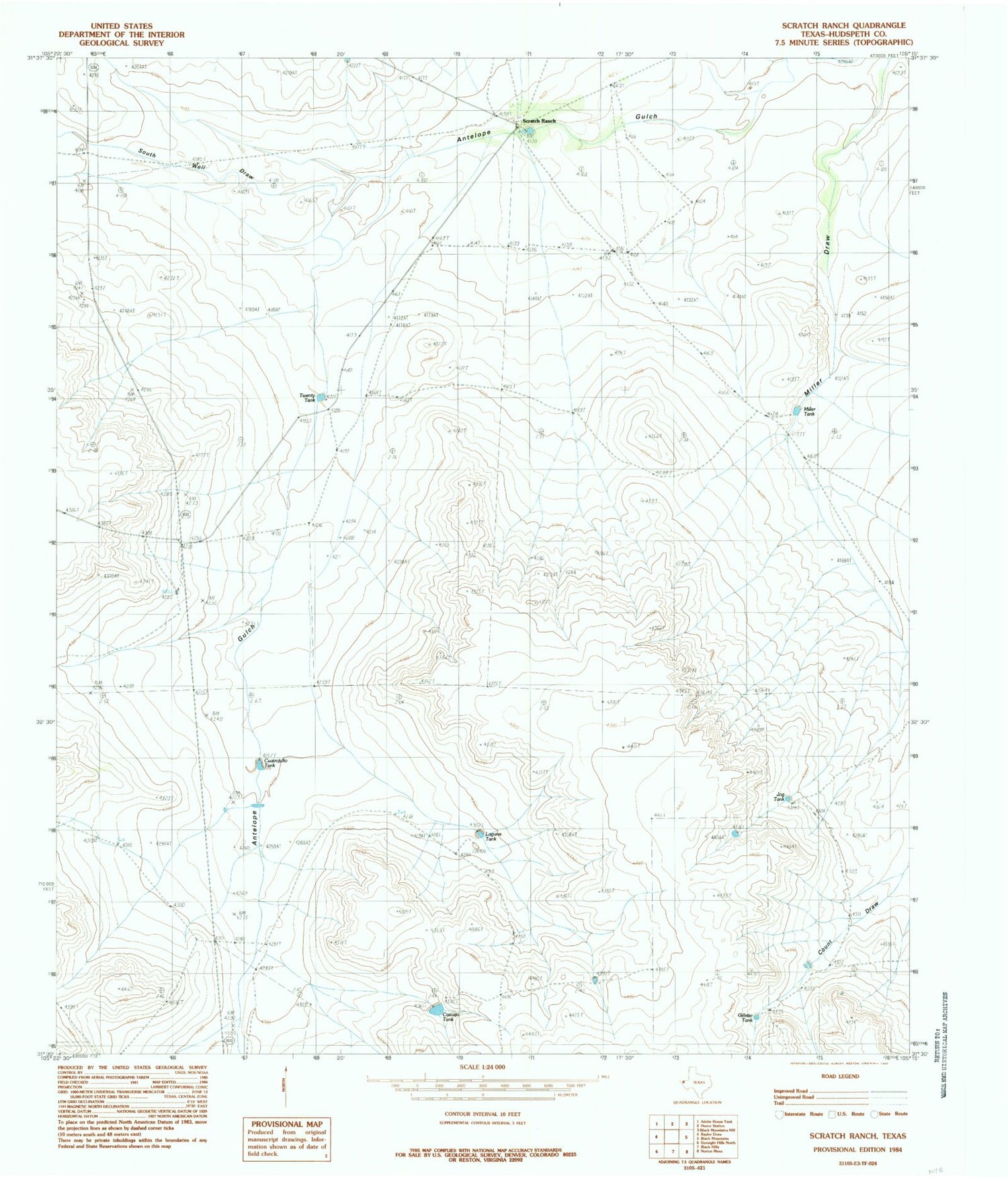 Classic USGS Scratch Ranch Texas 7.5'x7.5' Topo Map Image
