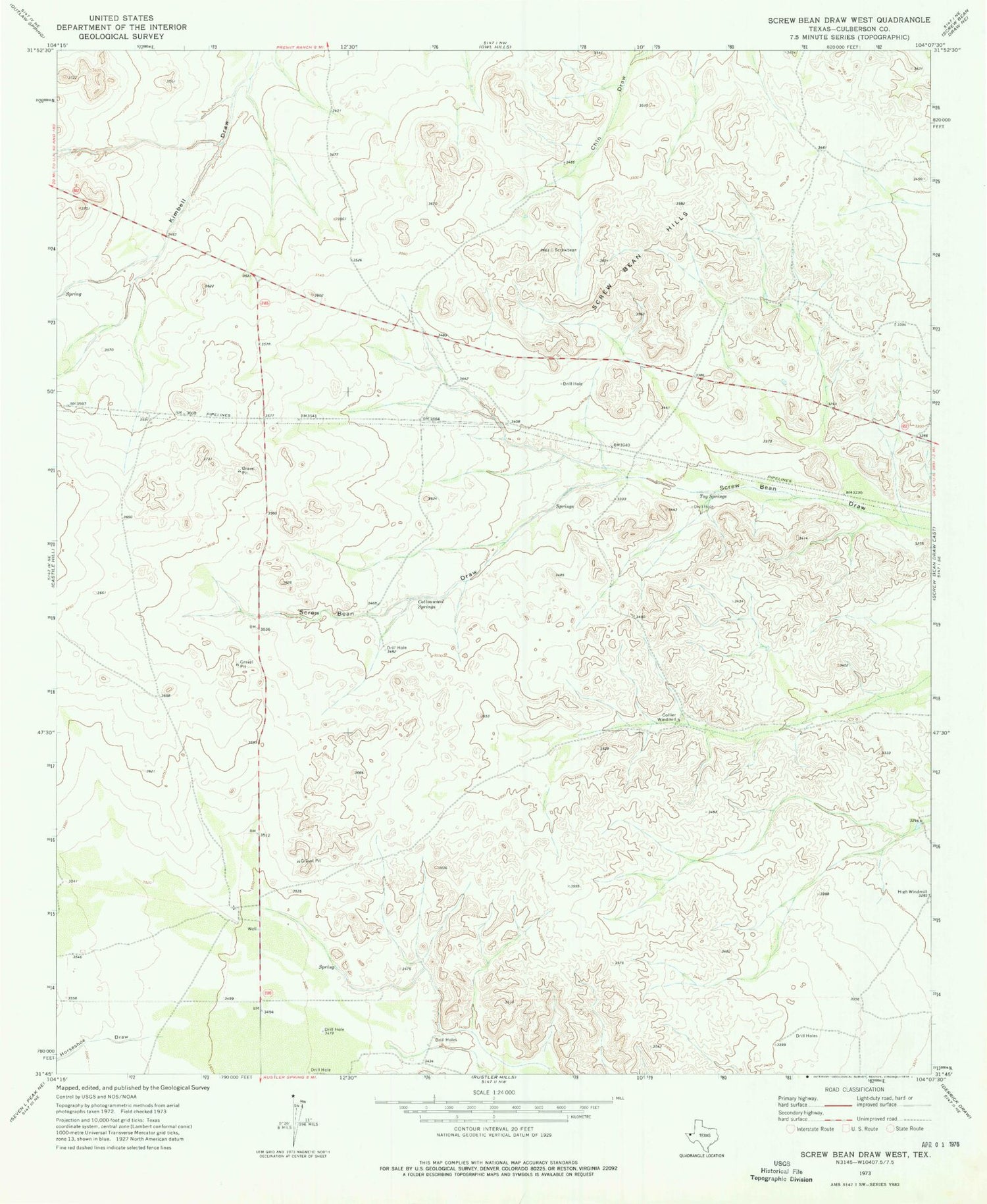 Classic USGS Screw Bean Draw West Texas 7.5'x7.5' Topo Map Image