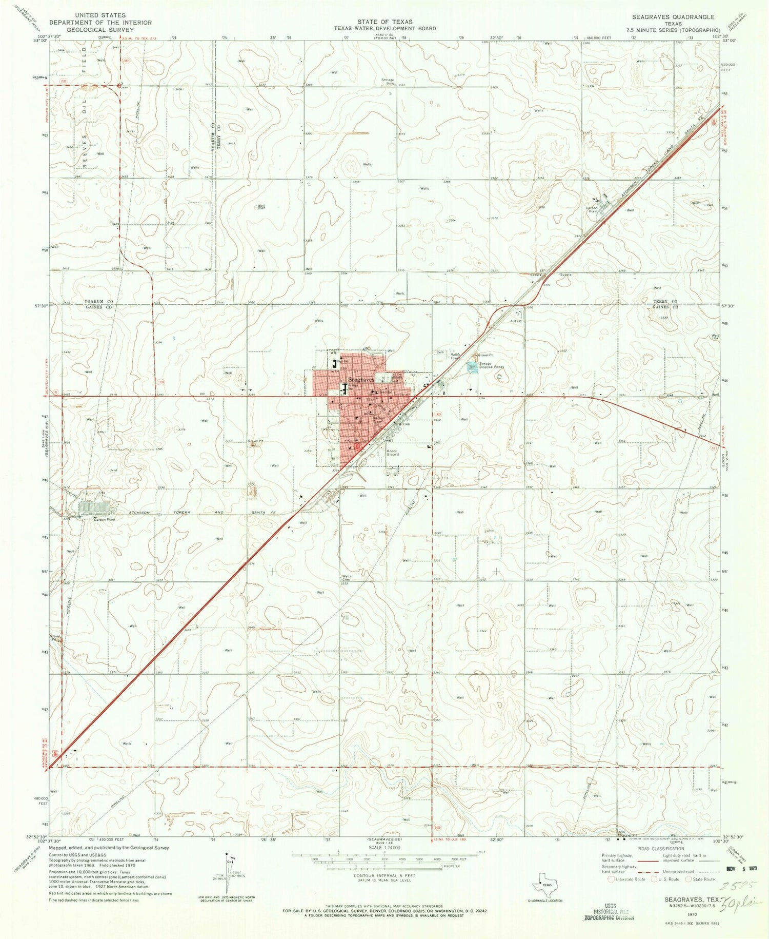 Classic USGS Seagraves Texas 7.5'x7.5' Topo Map Image