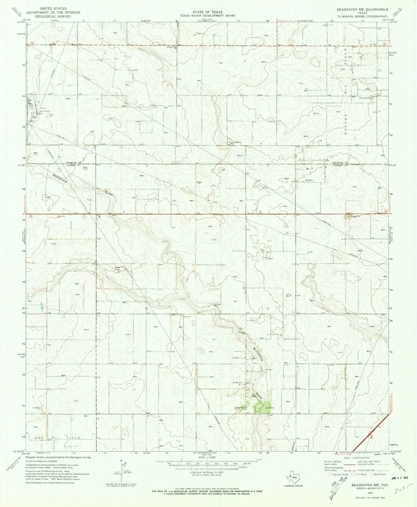 Classic USGS Seagraves NW Texas 7.5'x7.5' Topo Map Image