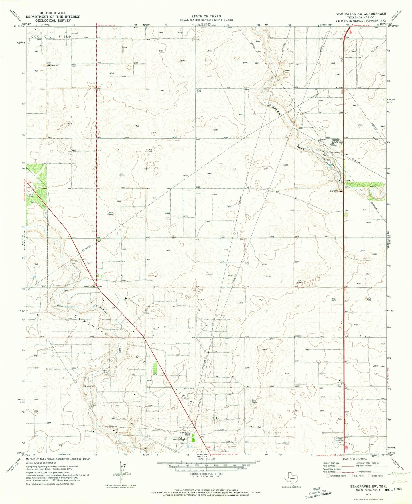 Classic USGS Seagraves SW Texas 7.5'x7.5' Topo Map Image