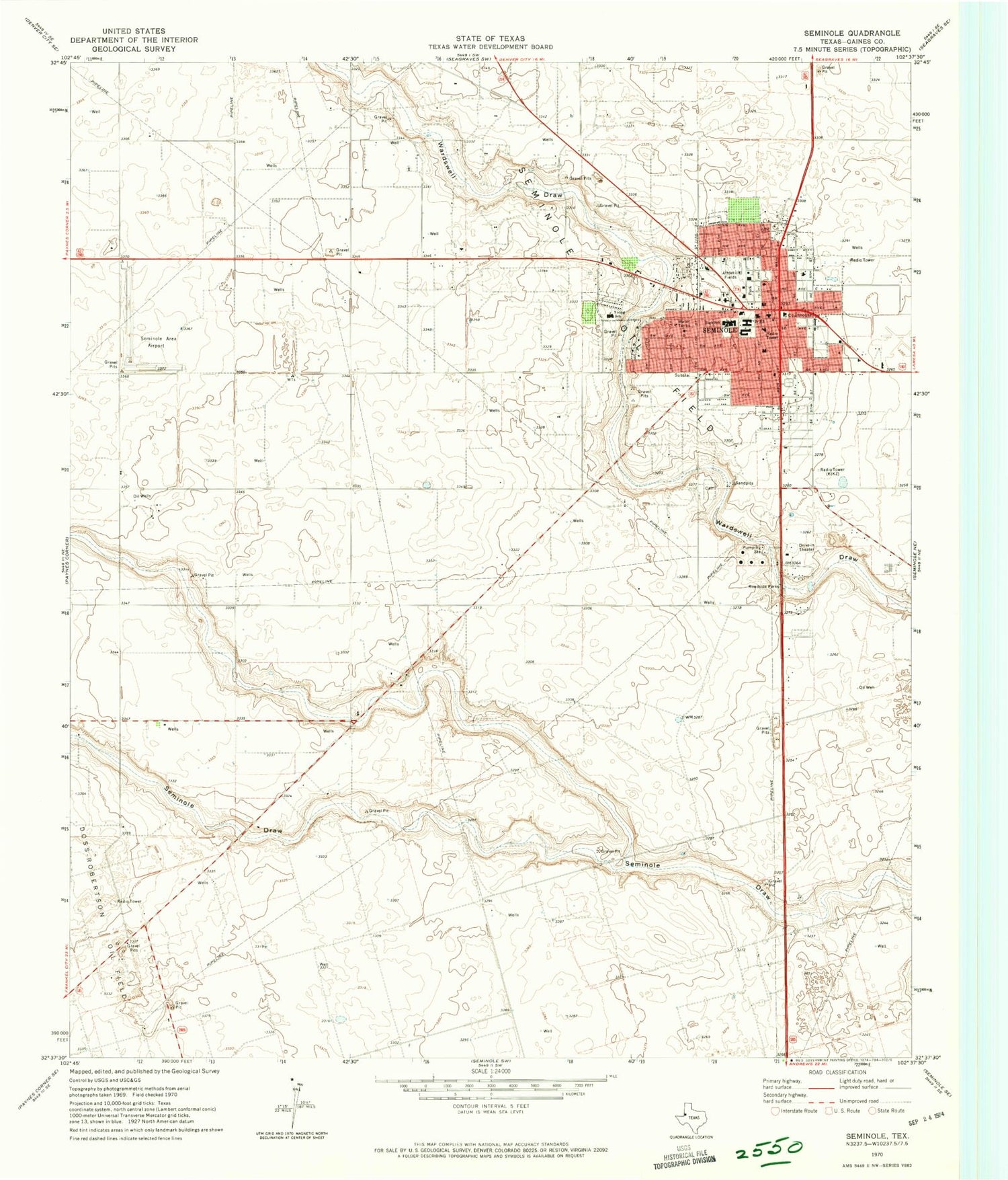 Classic USGS Seminole Texas 7.5'x7.5' Topo Map Image