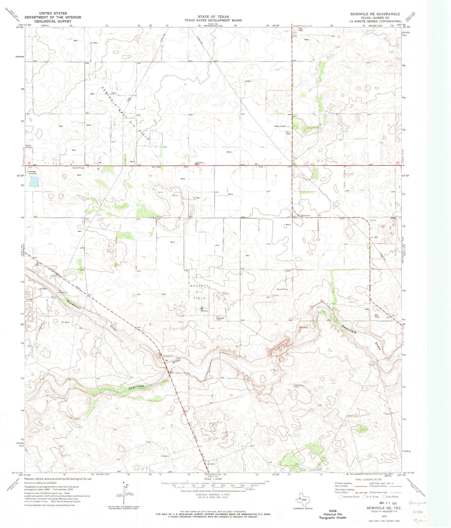 Classic USGS Seminole NE Texas 7.5'x7.5' Topo Map Image