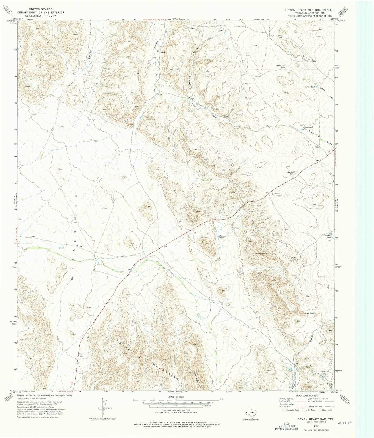 Classic USGS Seven Heart Gap Texas 7.5'x7.5' Topo Map Image