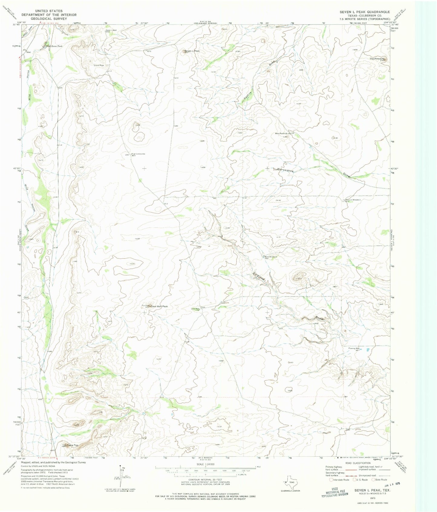 Classic USGS Seven L Peak Texas 7.5'x7.5' Topo Map Image