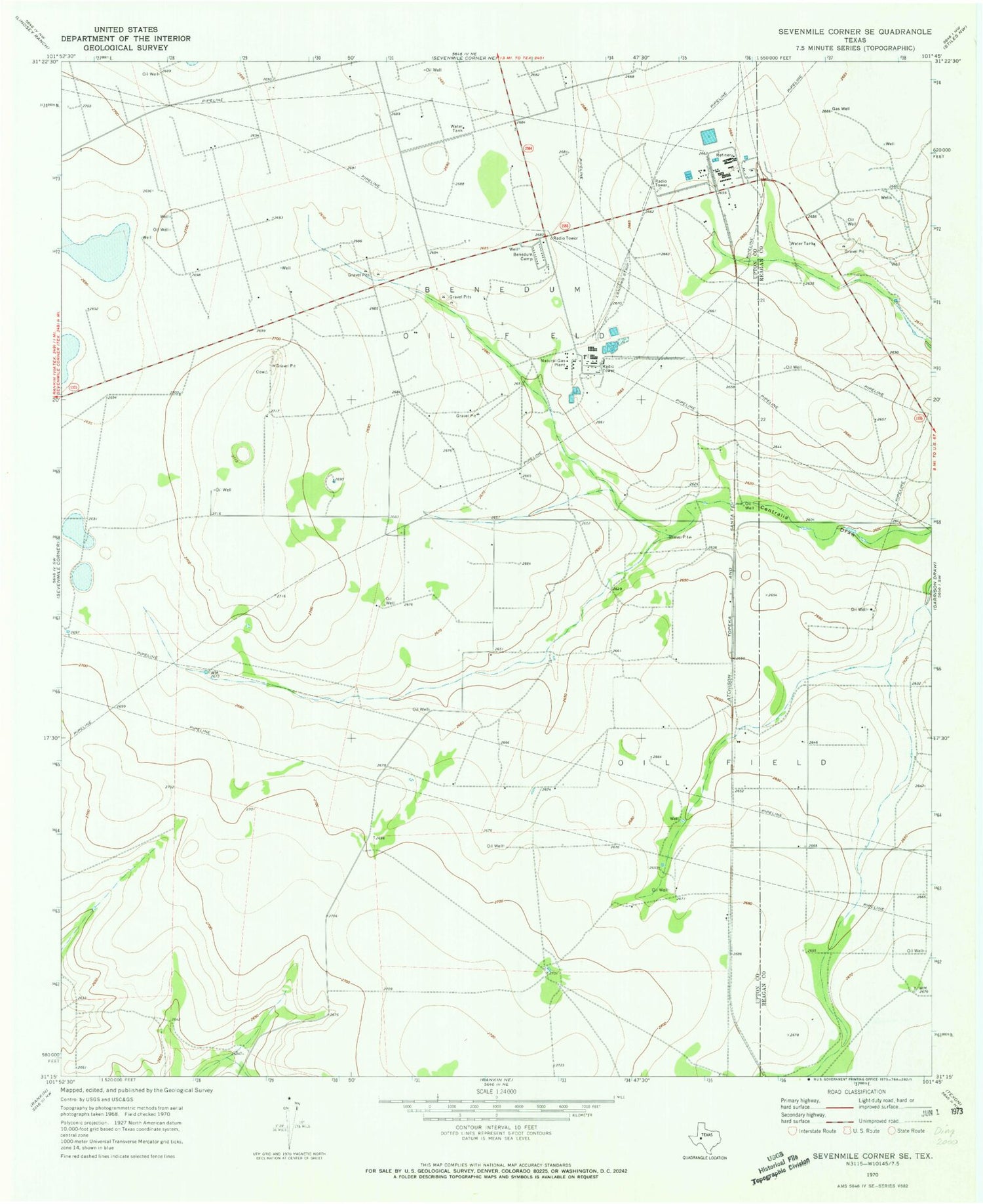 Classic USGS Sevenmile Corner SE Texas 7.5'x7.5' Topo Map Image