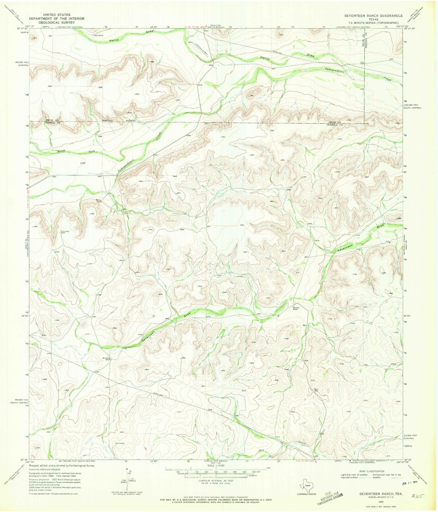 Classic USGS Seventeen Ranch Texas 7.5'x7.5' Topo Map Image