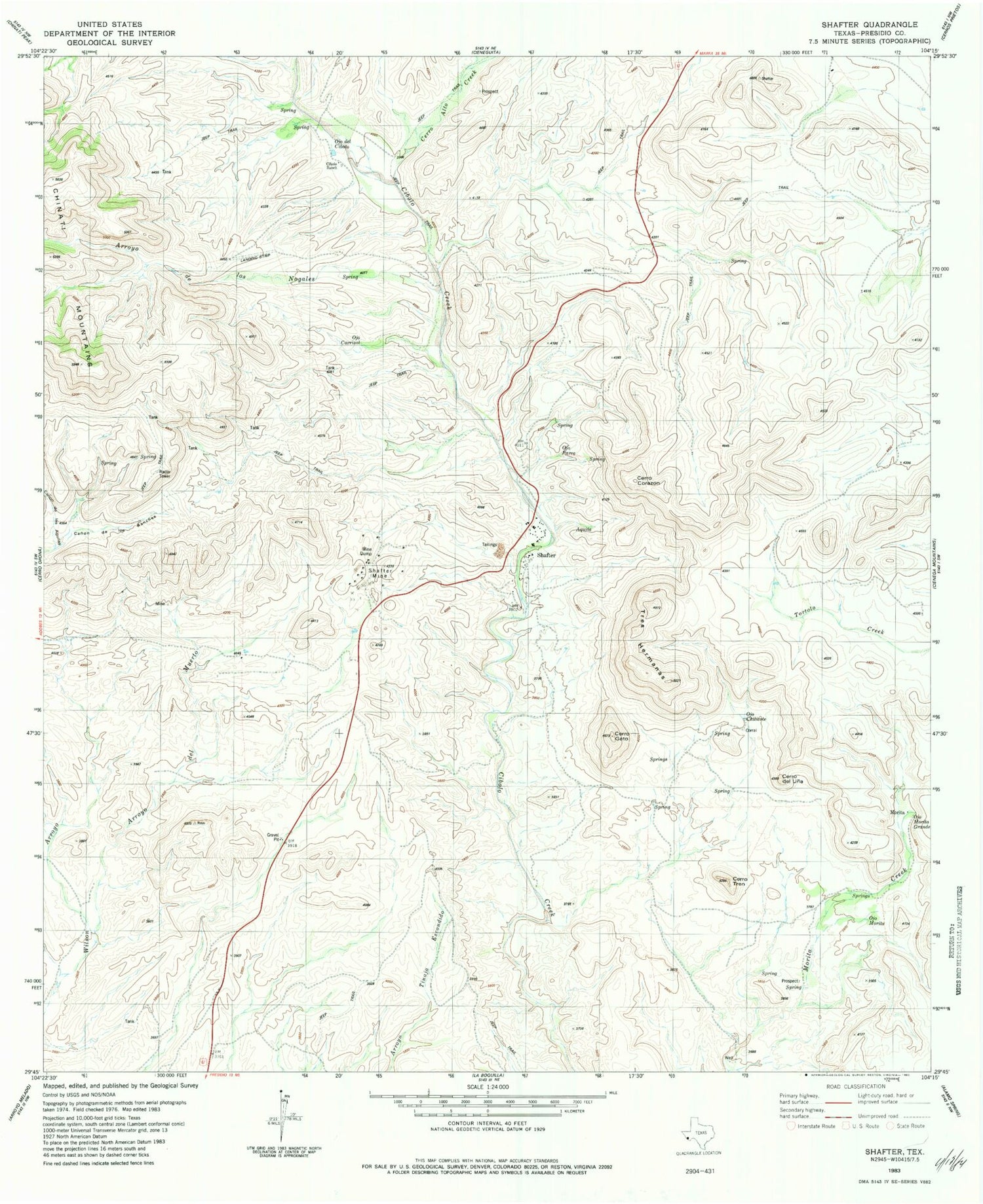 Classic USGS Shafter Texas 7.5'x7.5' Topo Map Image