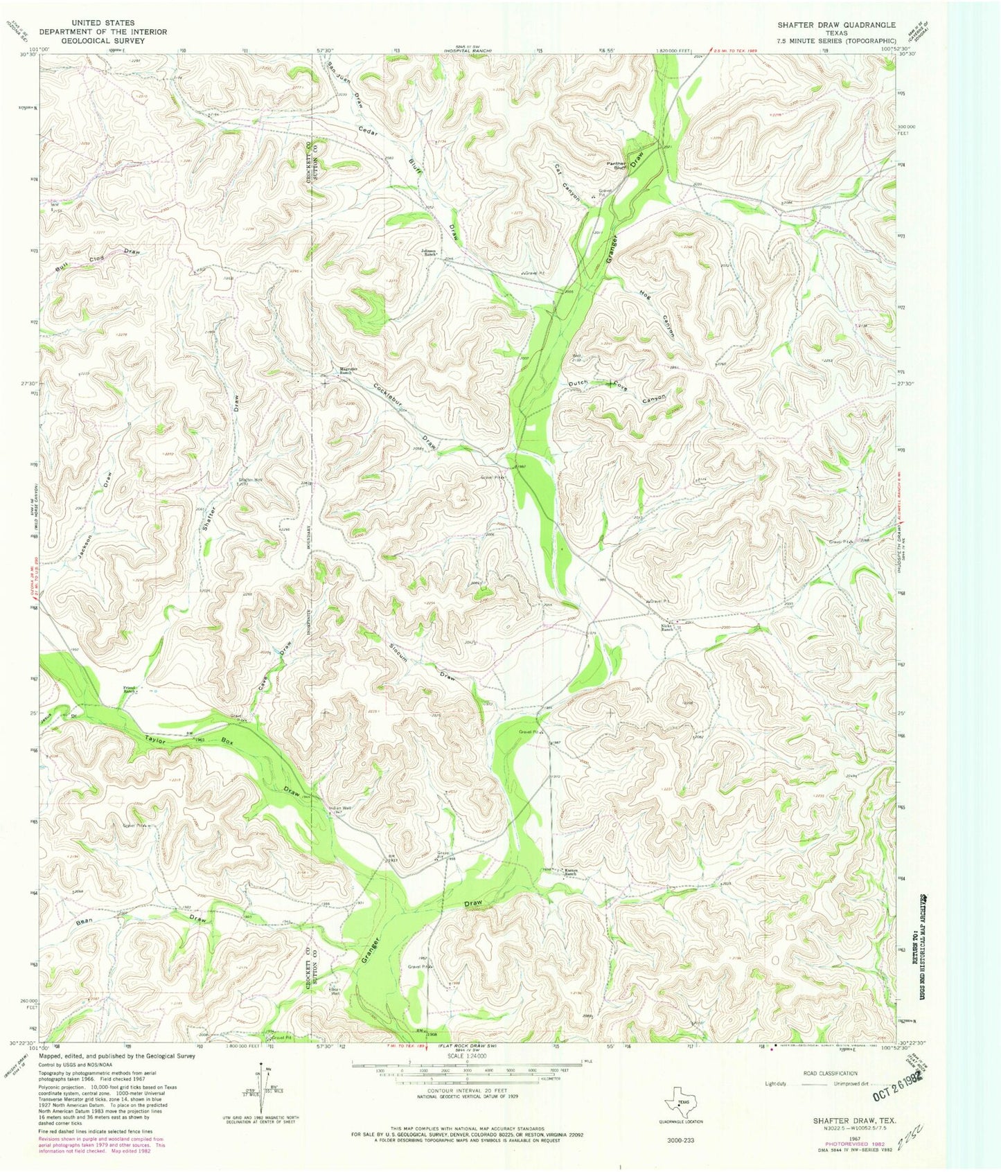 Classic USGS Shafter Draw Texas 7.5'x7.5' Topo Map Image