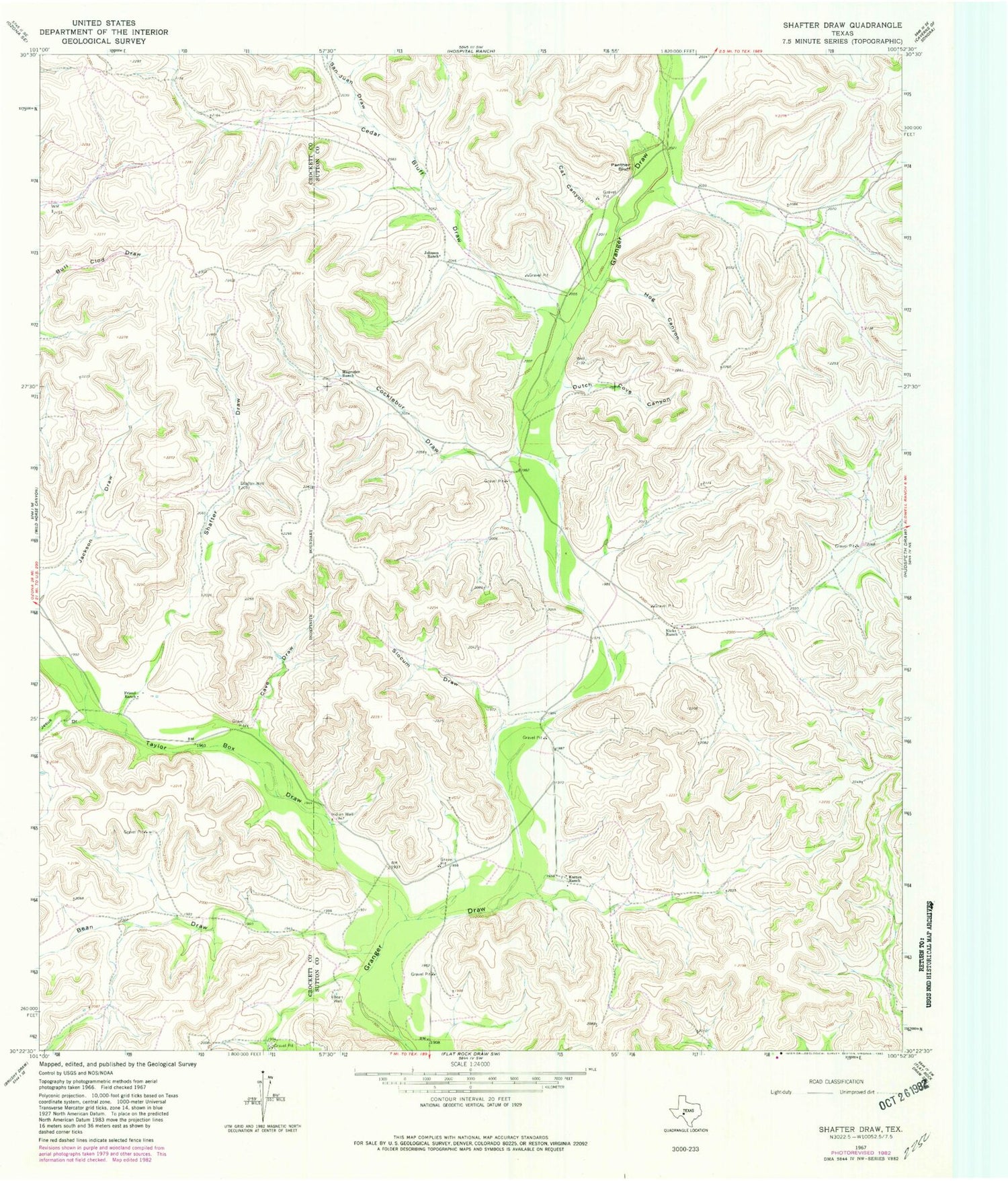 Classic USGS Shafter Draw Texas 7.5'x7.5' Topo Map Image