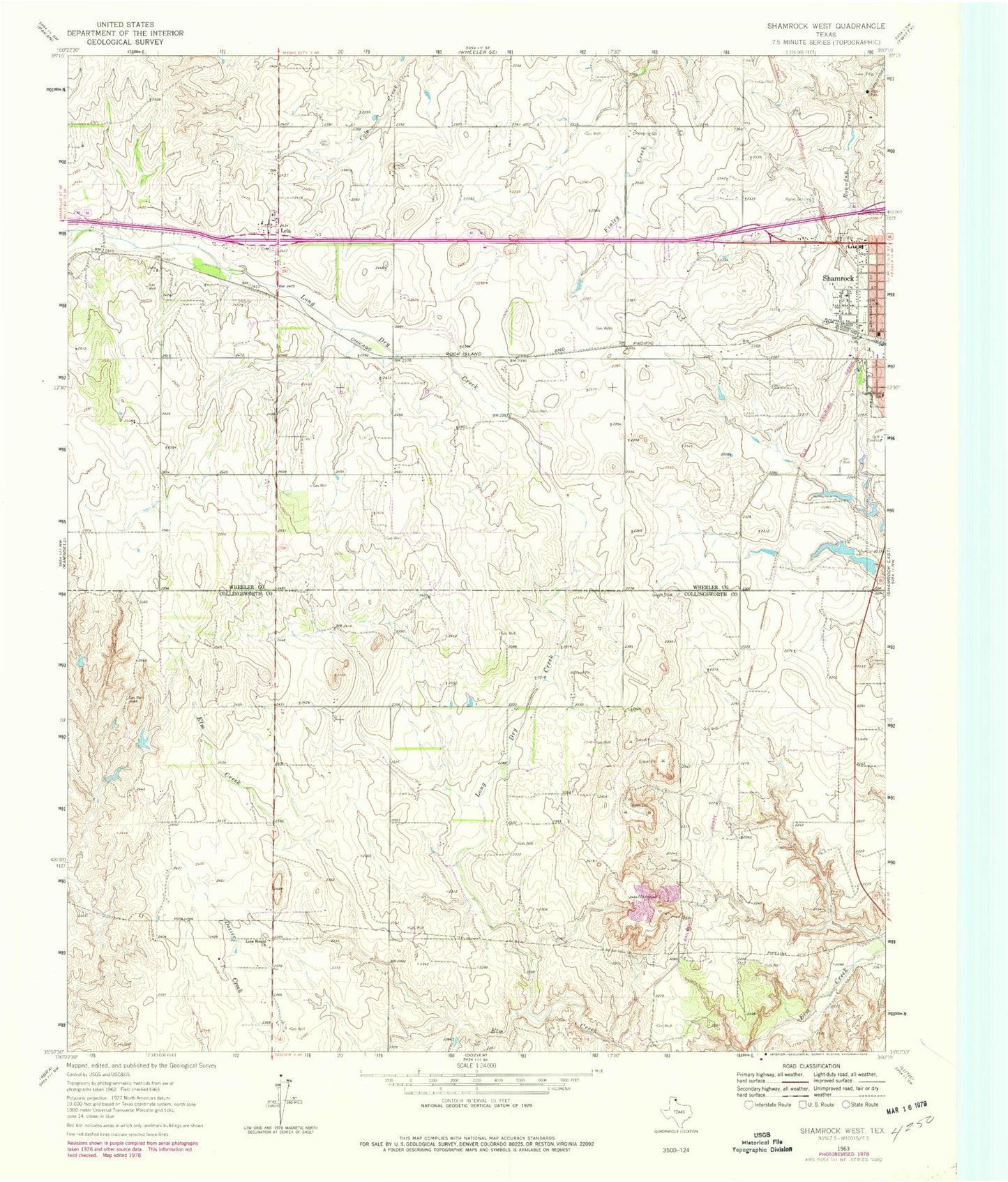 Classic USGS Shamrock West Texas 7.5'x7.5' Topo Map Image