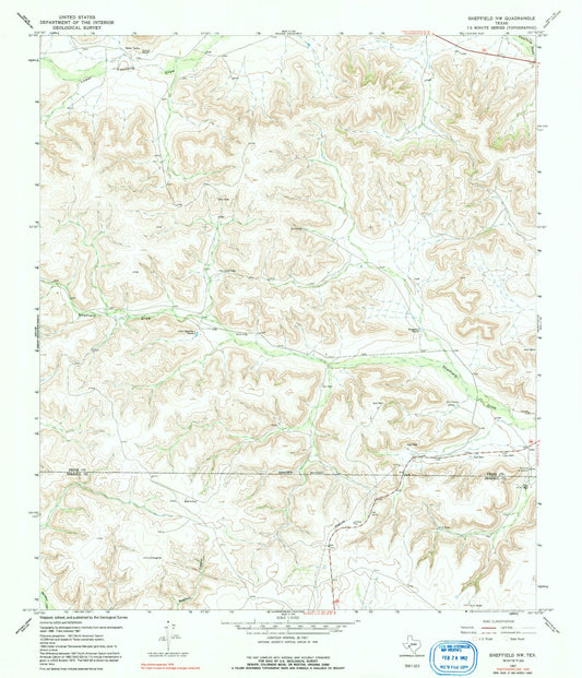 Classic USGS Sheffield NW Texas 7.5'x7.5' Topo Map Image