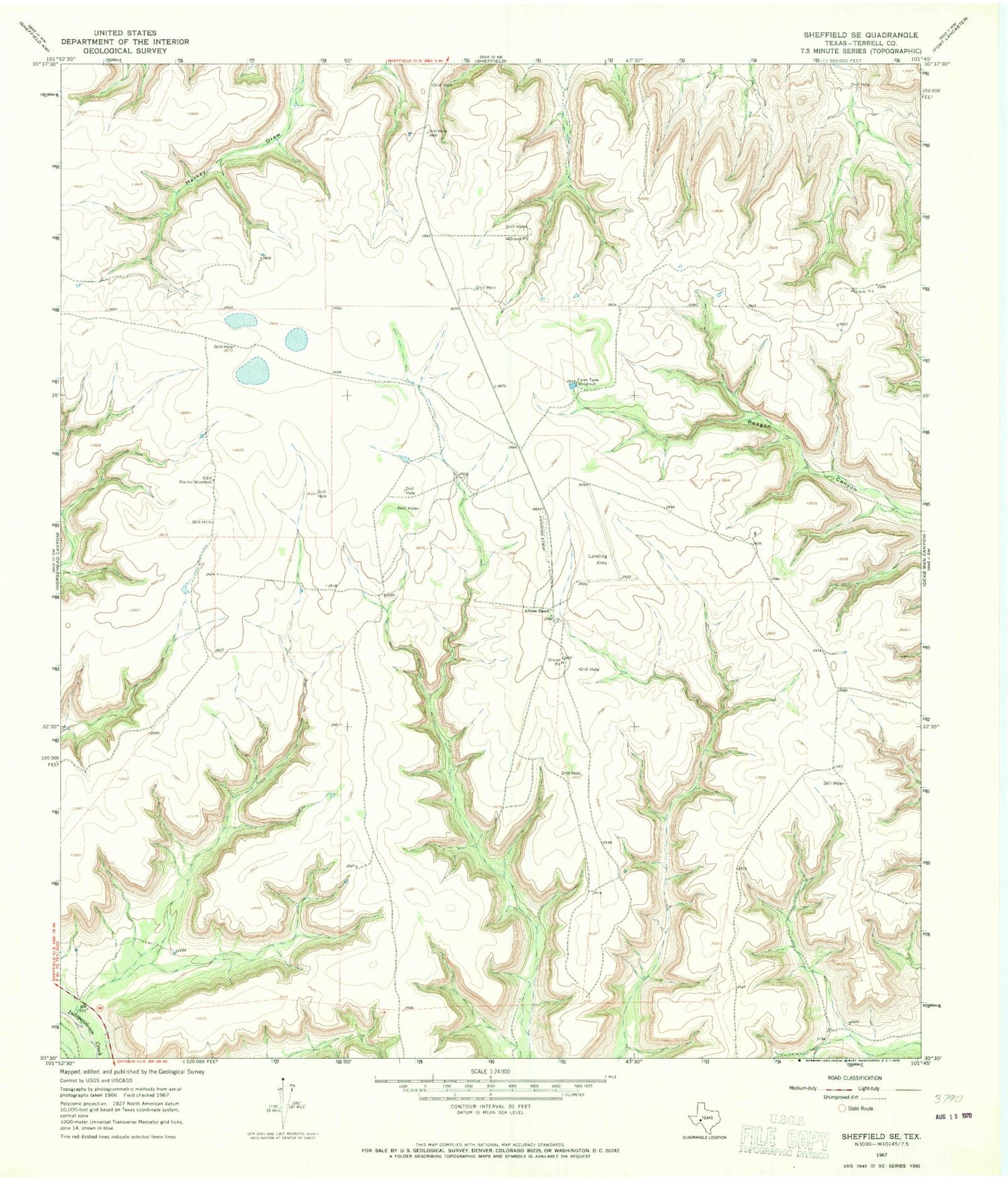 Classic USGS Sheffield SE Texas 7.5'x7.5' Topo Map Image
