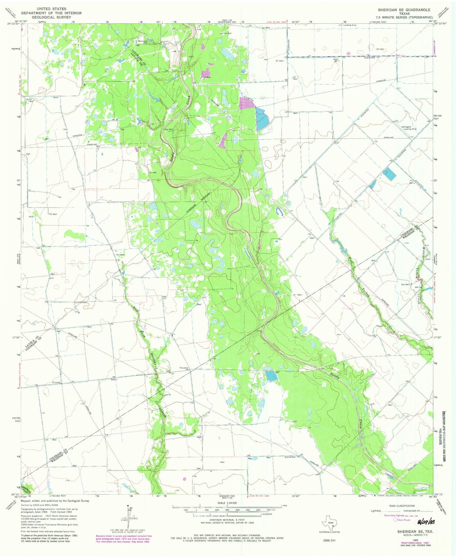 Classic USGS Sheridan SE Texas 7.5'x7.5' Topo Map Image