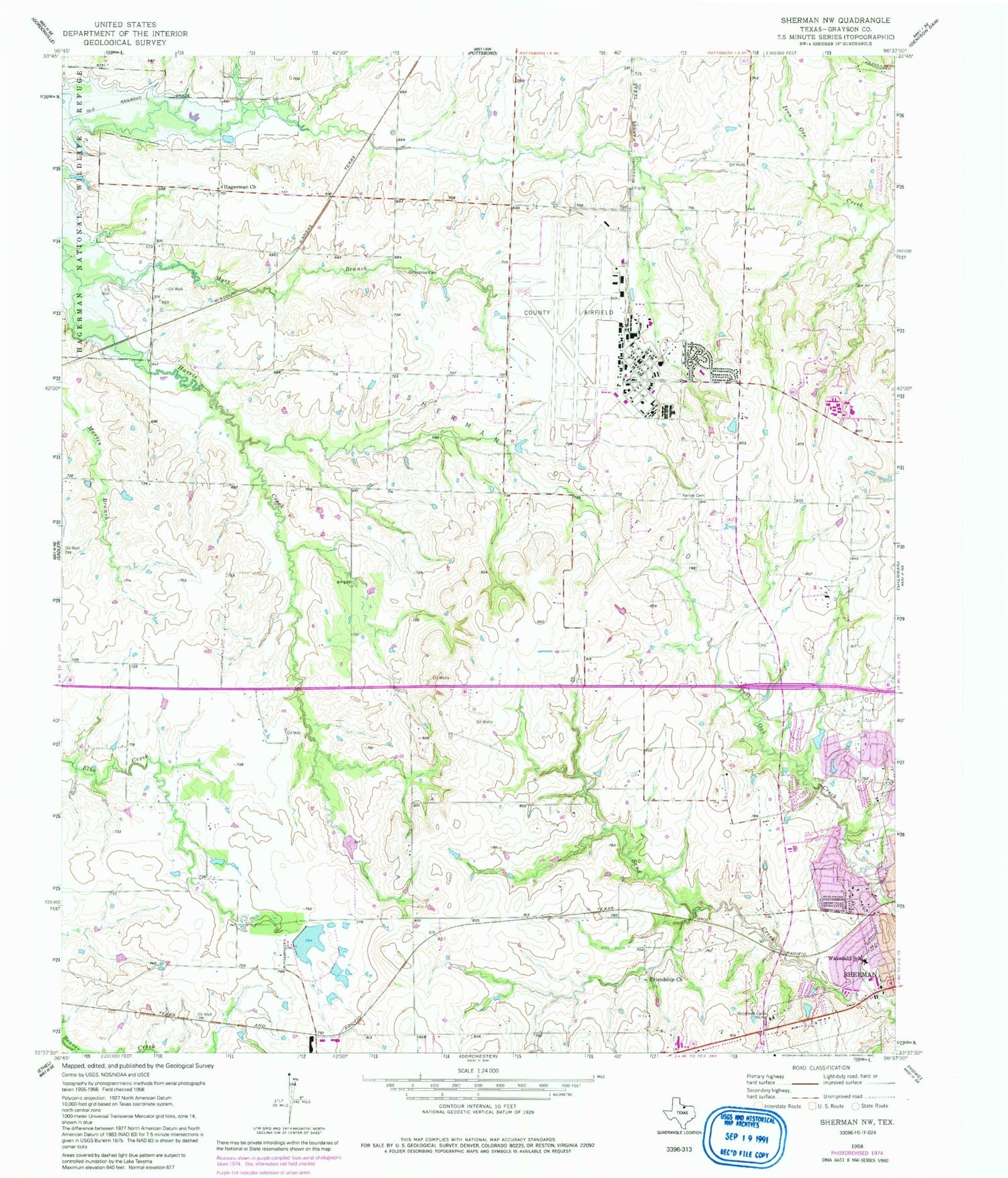 Classic USGS Sherman NW Texas 7.5'x7.5' Topo Map Image
