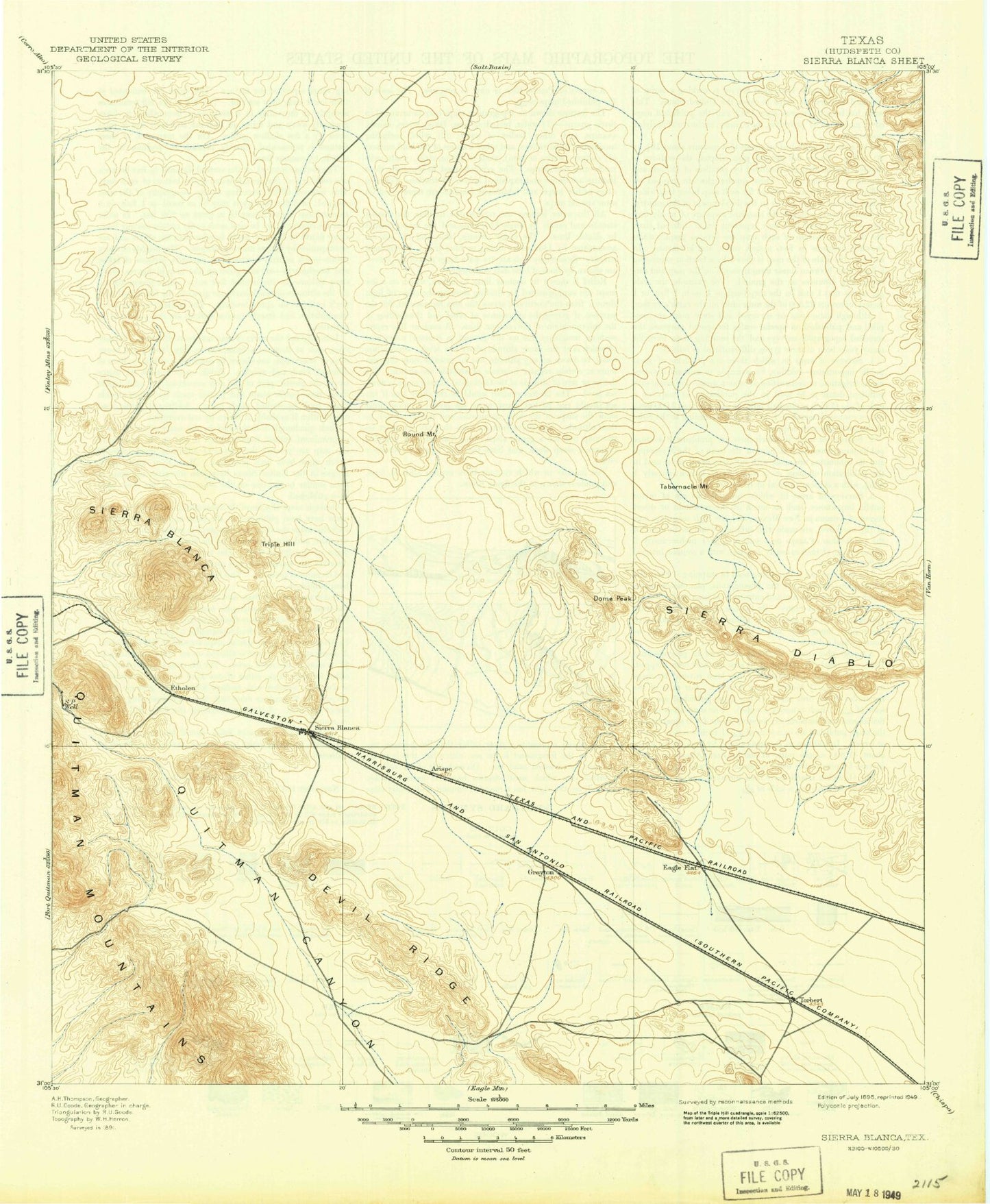 Historic 1895 Sierra Blanca Texas 30'x30' Topo Map Image
