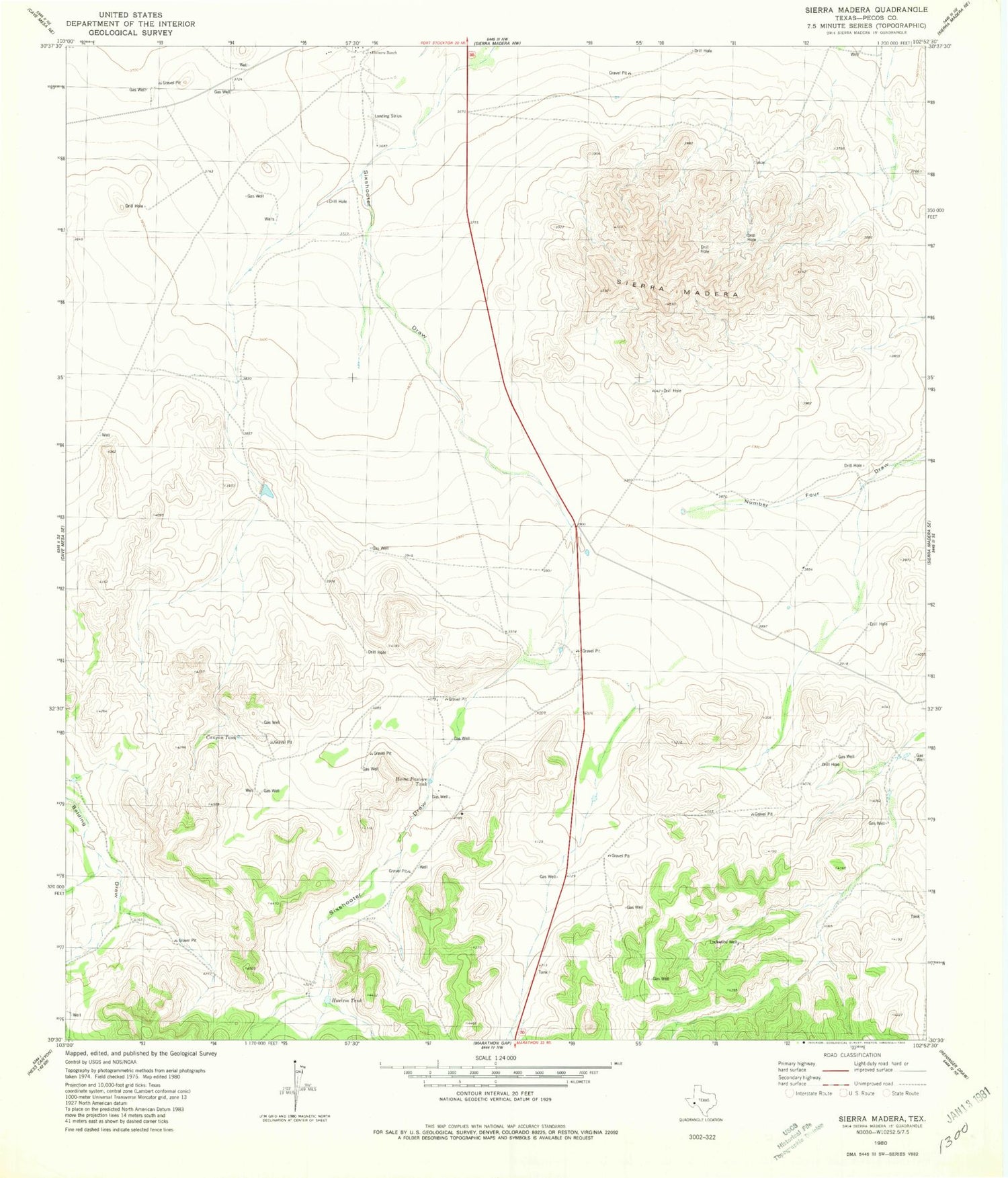 Classic USGS Sierra Madera Texas 7.5'x7.5' Topo Map Image
