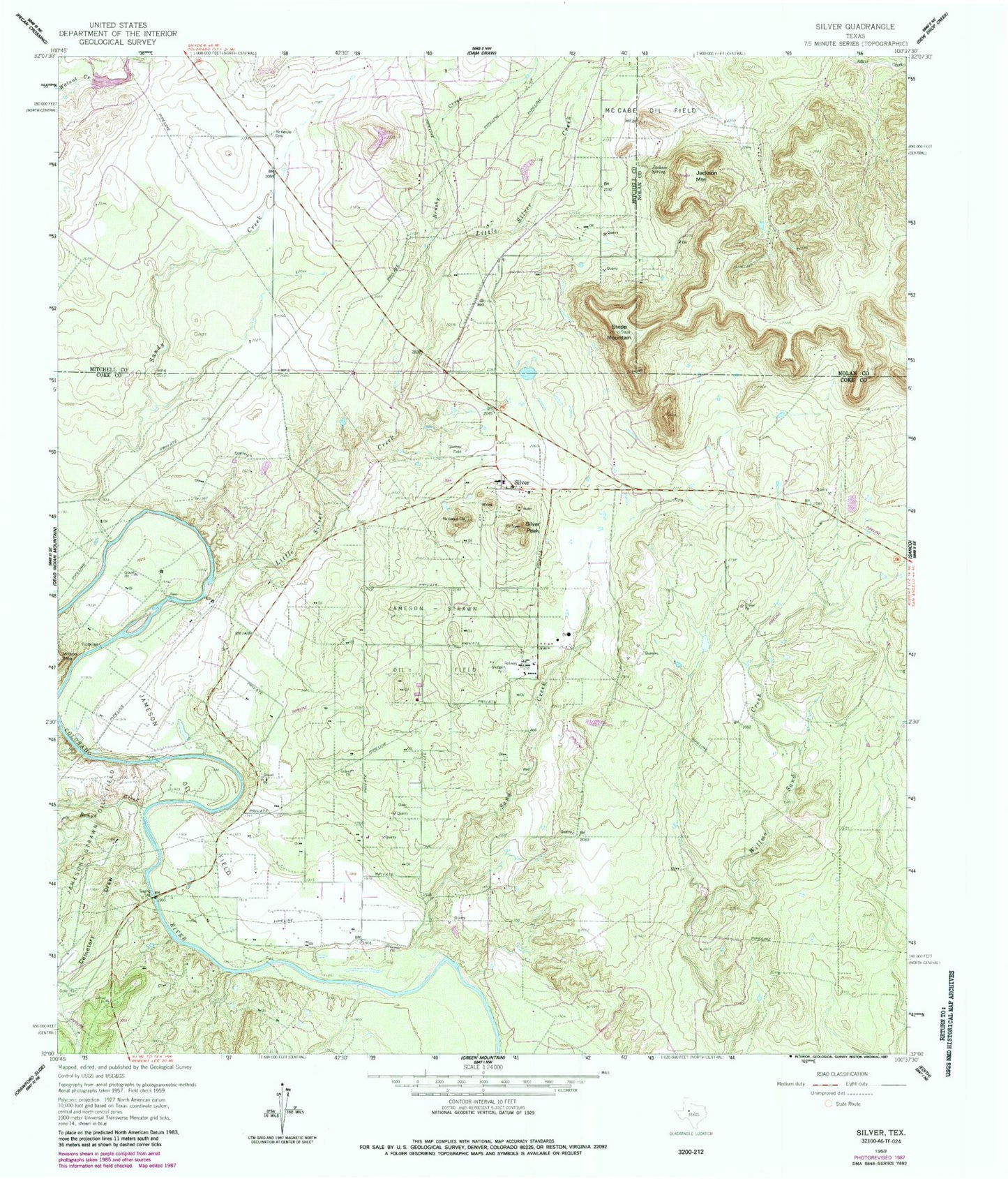 Classic USGS Silver Texas 7.5'x7.5' Topo Map Image