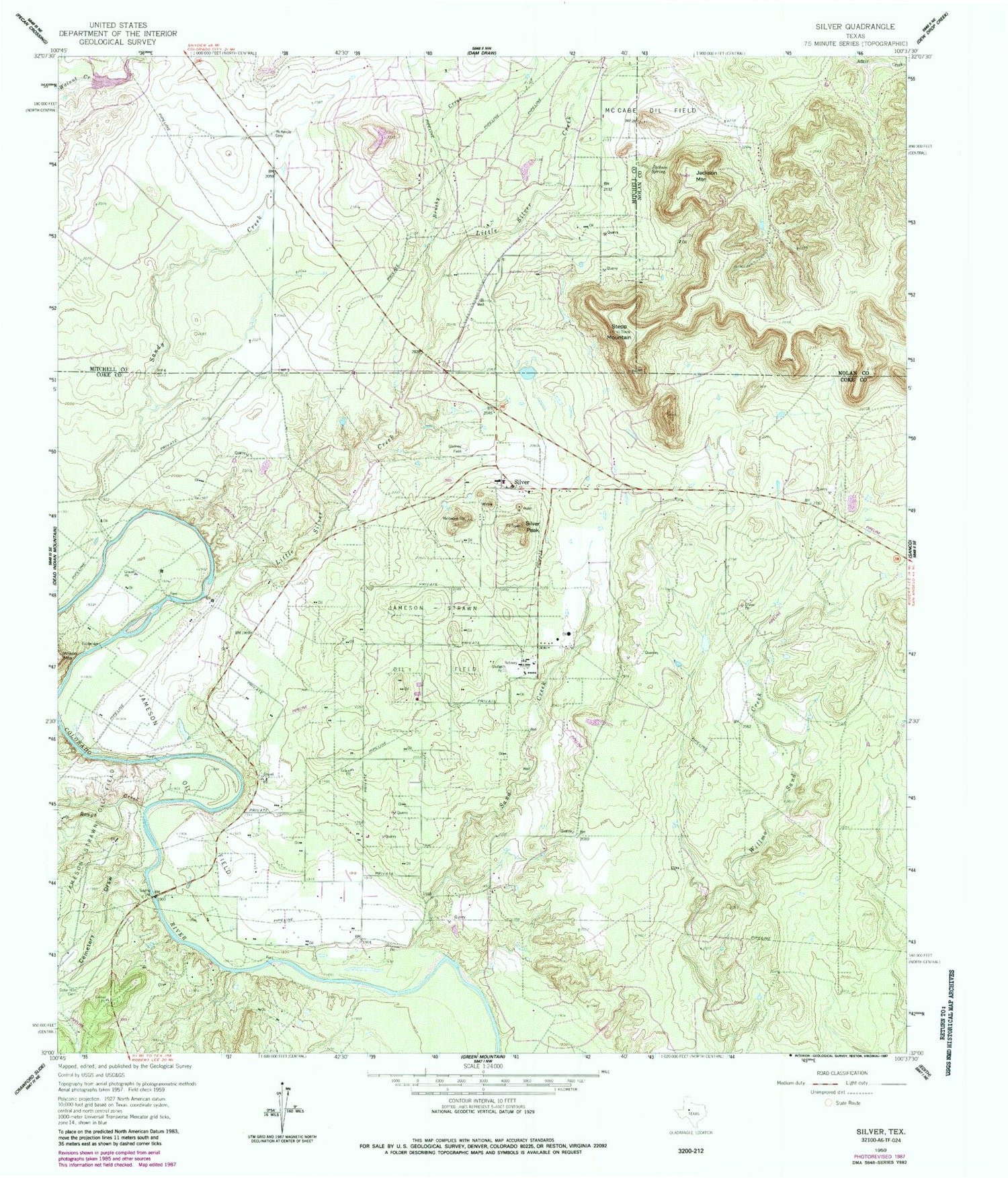 Classic USGS Silver Texas 7.5'x7.5' Topo Map Image