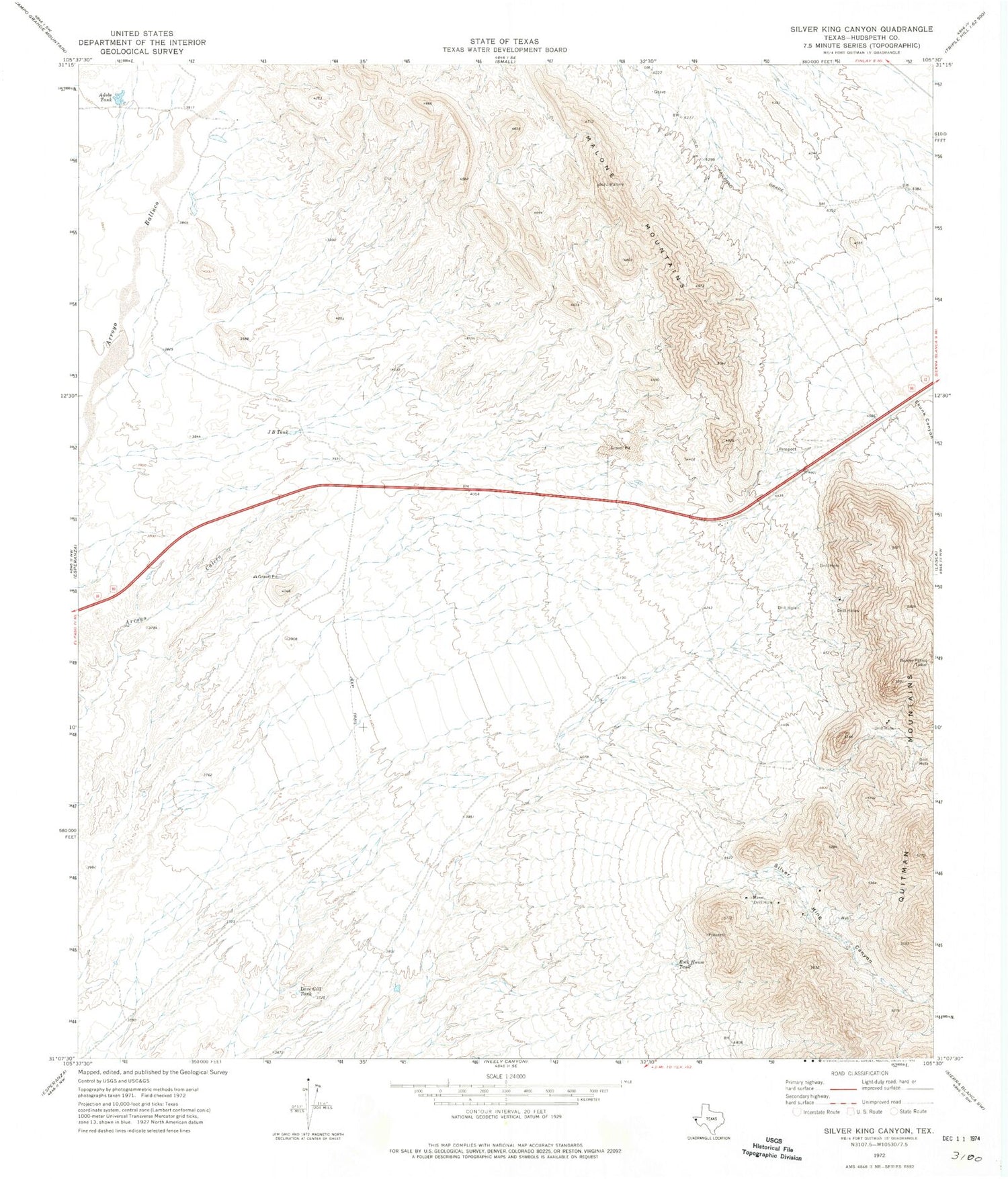Classic USGS Silver King Canyon Texas 7.5'x7.5' Topo Map Image