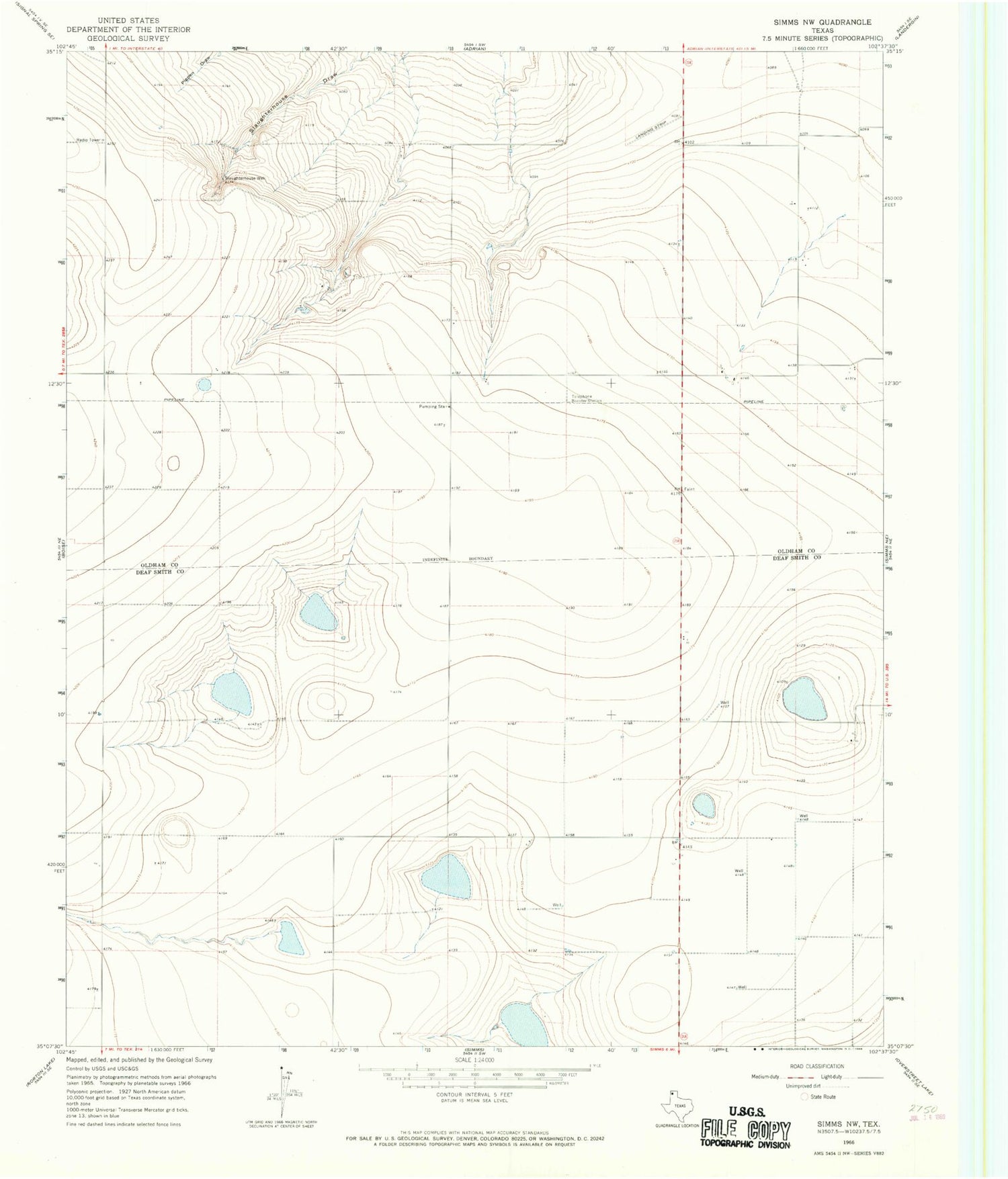 Classic USGS Simms NW Texas 7.5'x7.5' Topo Map Image
