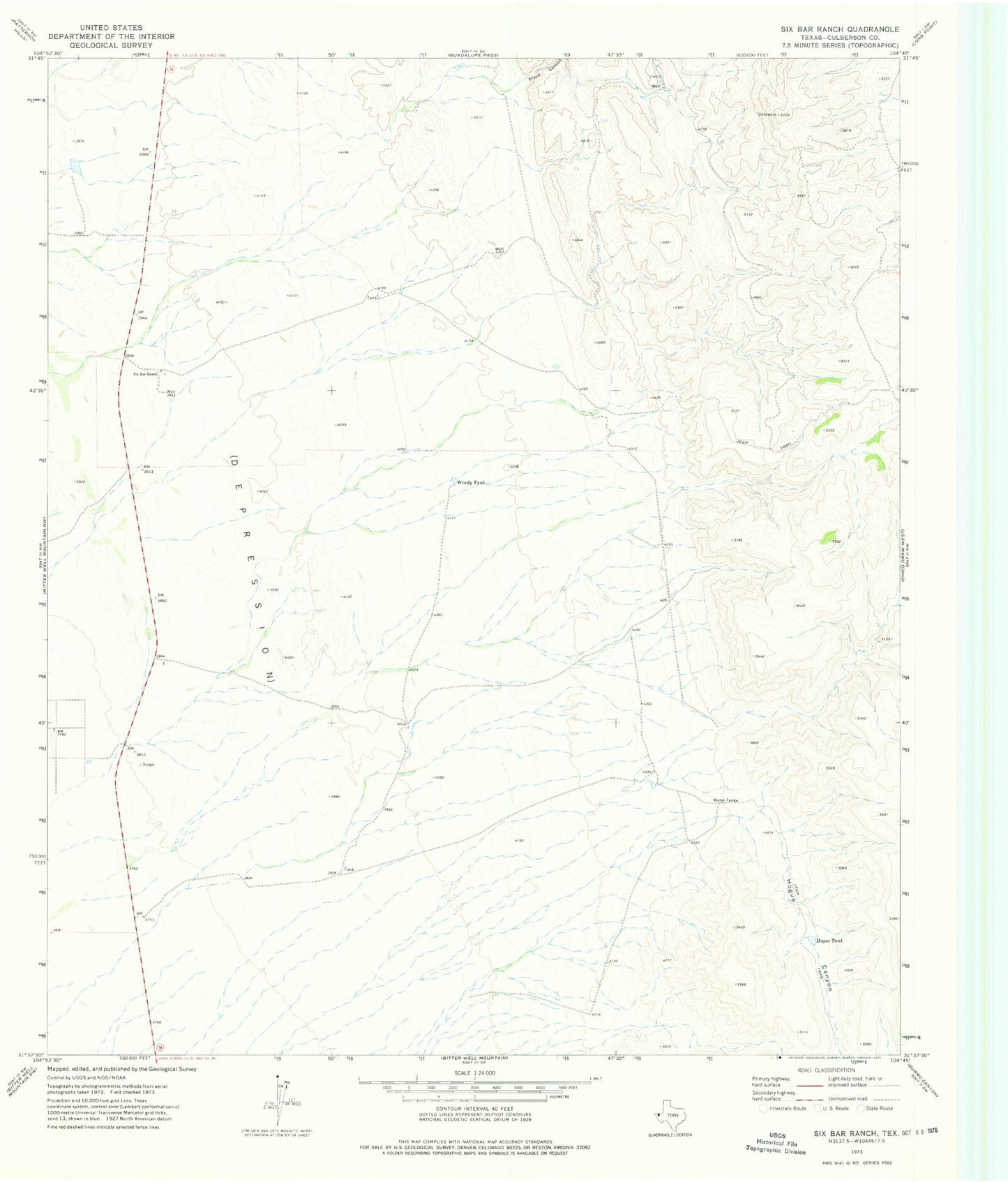 Classic USGS Six Bar Ranch Texas 7.5'x7.5' Topo Map Image