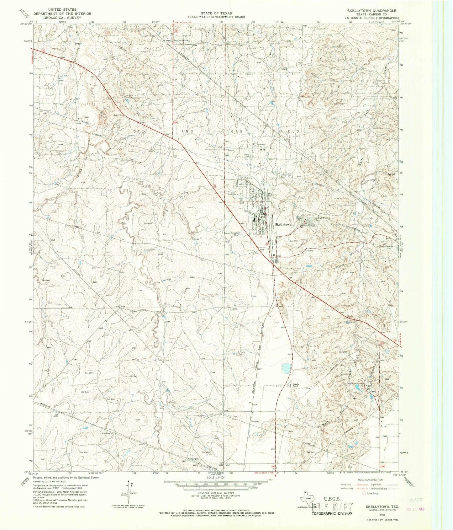 Classic USGS Skellytown Texas 7.5'x7.5' Topo Map Image