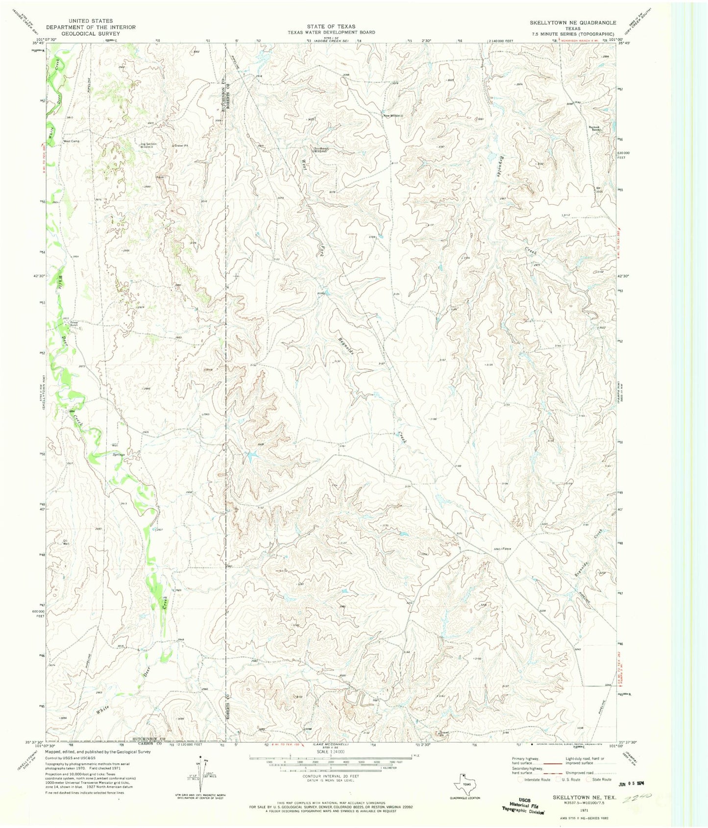 Classic USGS Skellytown NE Texas 7.5'x7.5' Topo Map Image