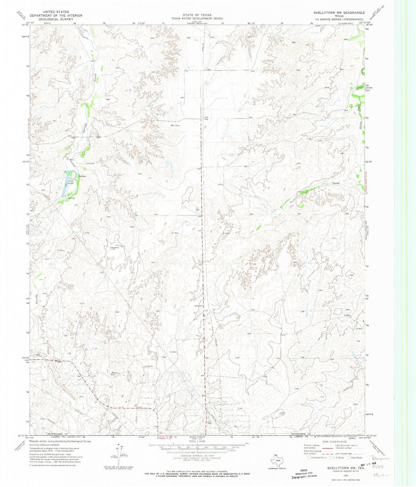 Classic USGS Skellytown NW Texas 7.5'x7.5' Topo Map Image