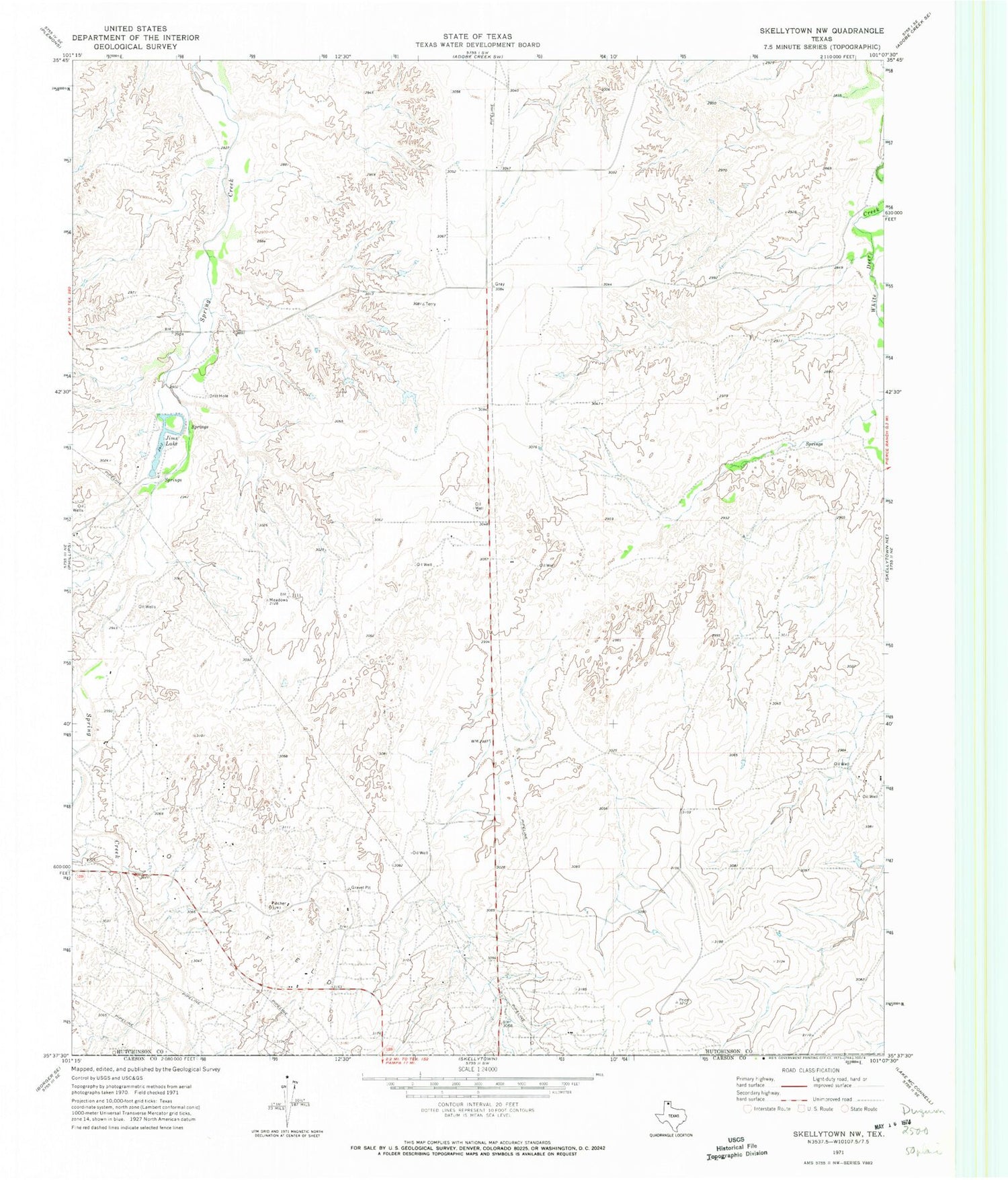Classic USGS Skellytown NW Texas 7.5'x7.5' Topo Map Image