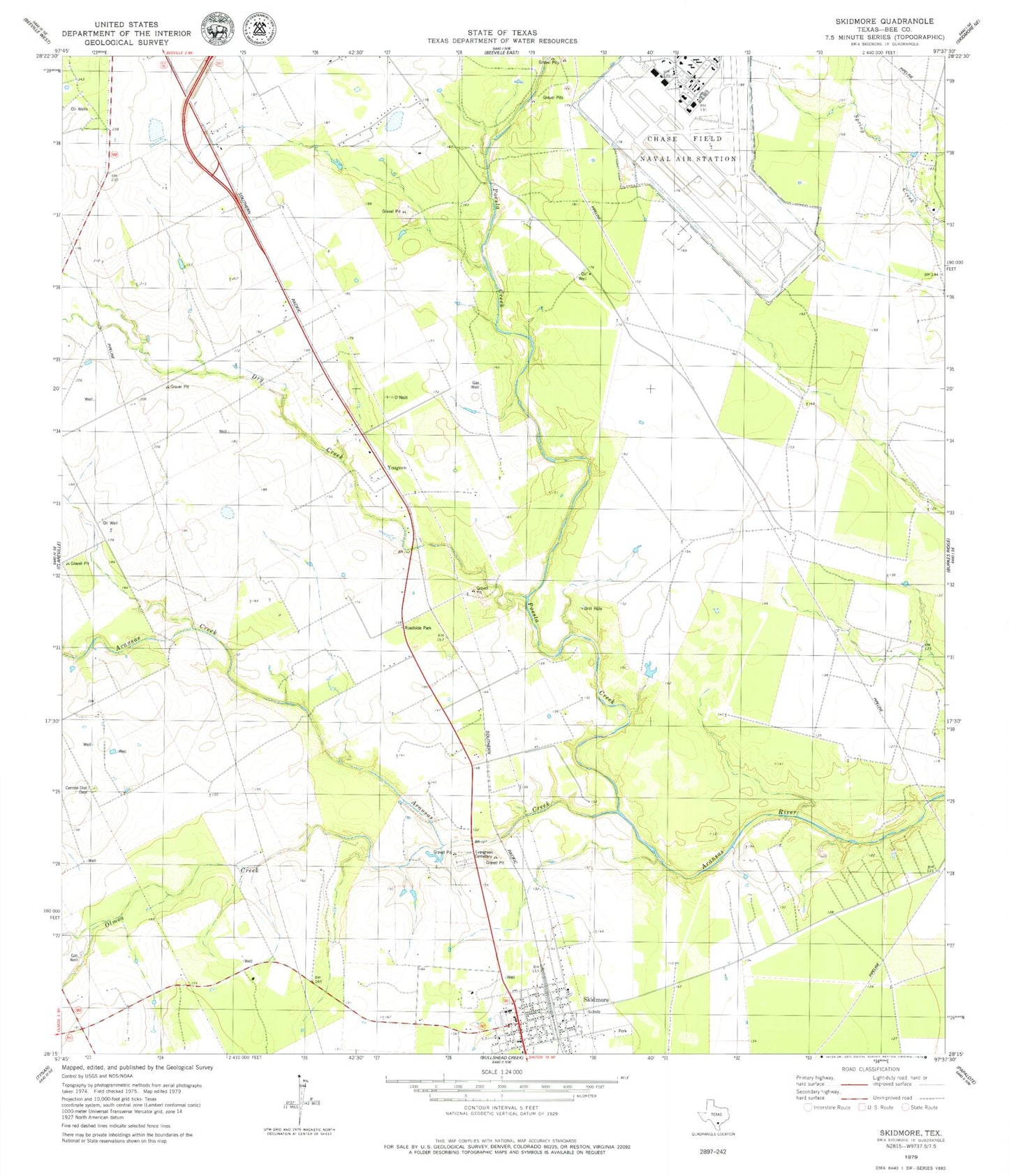 Classic USGS Skidmore Texas 7.5'x7.5' Topo Map Image