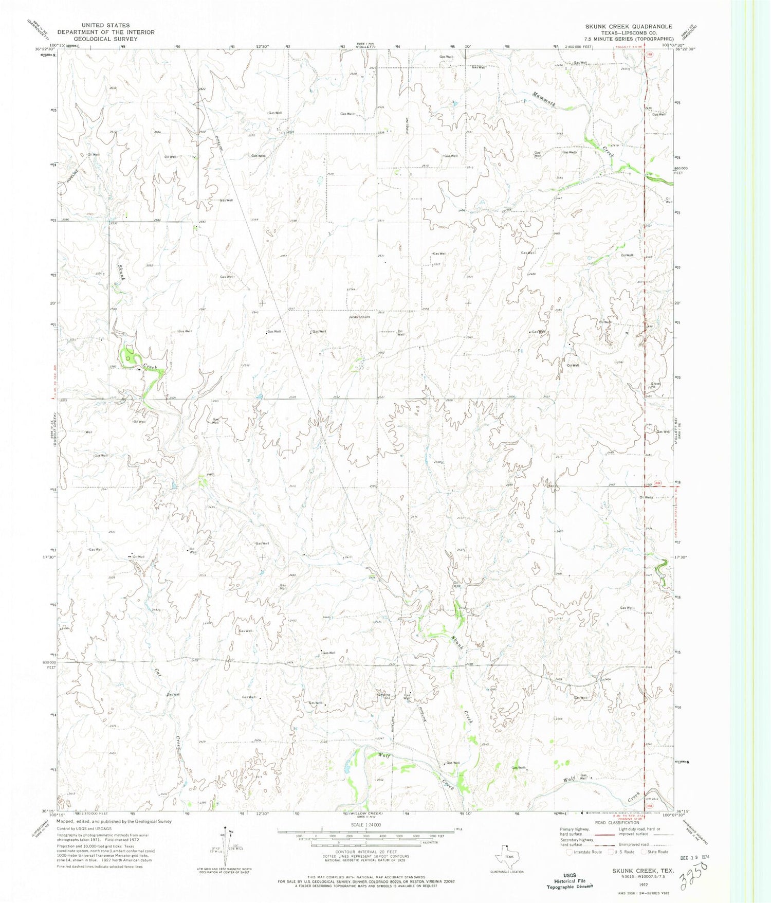 Classic USGS Skunk Creek Texas 7.5'x7.5' Topo Map Image