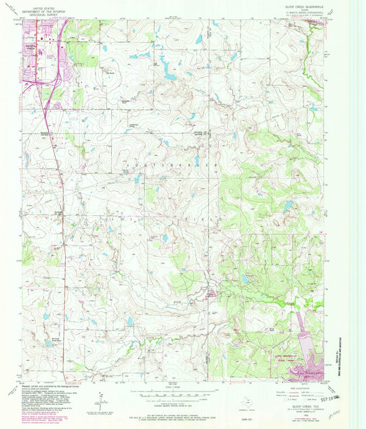 Classic USGS Sloop Creek Texas 7.5'x7.5' Topo Map Image