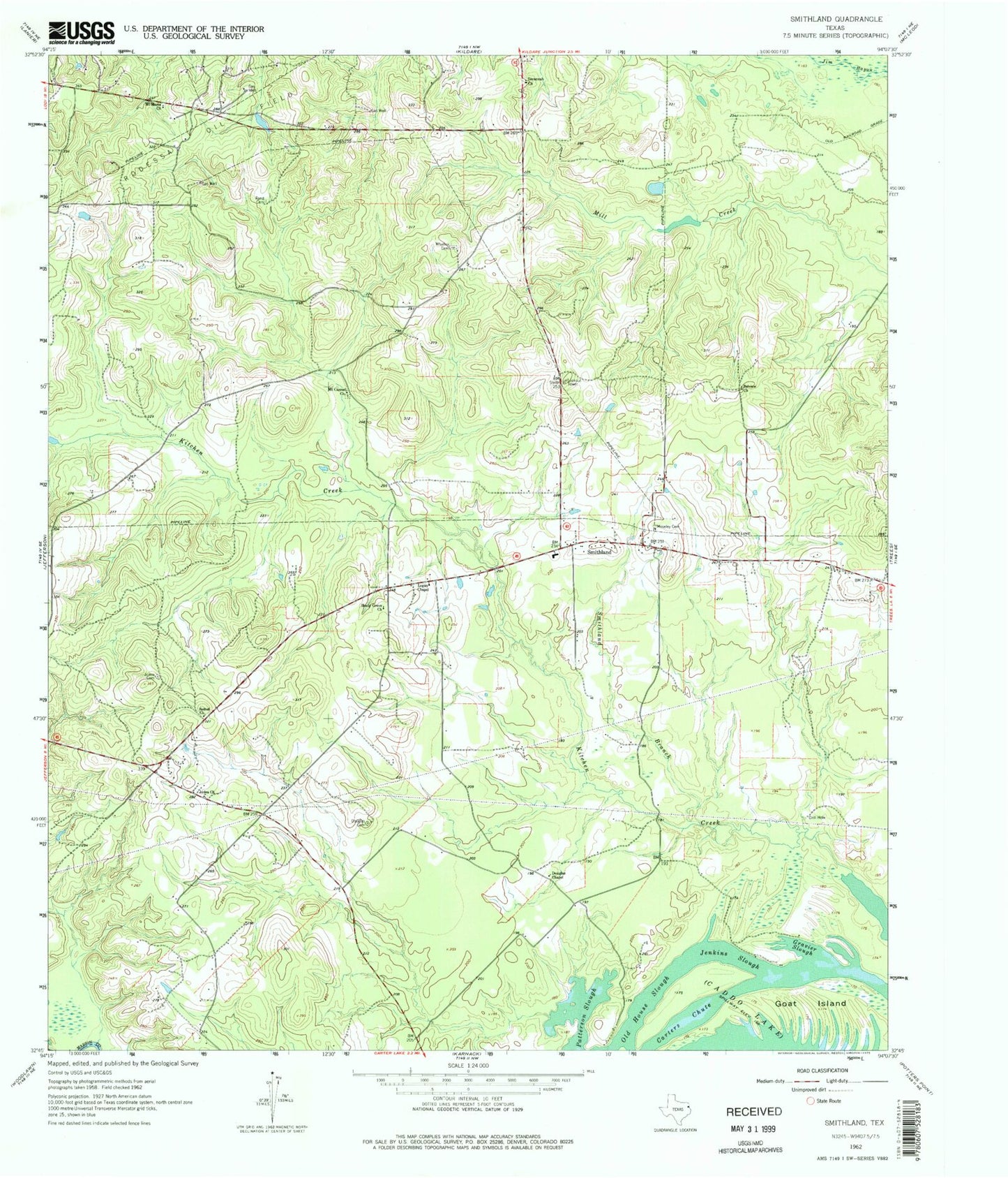 Classic USGS Smithland Texas 7.5'x7.5' Topo Map Image