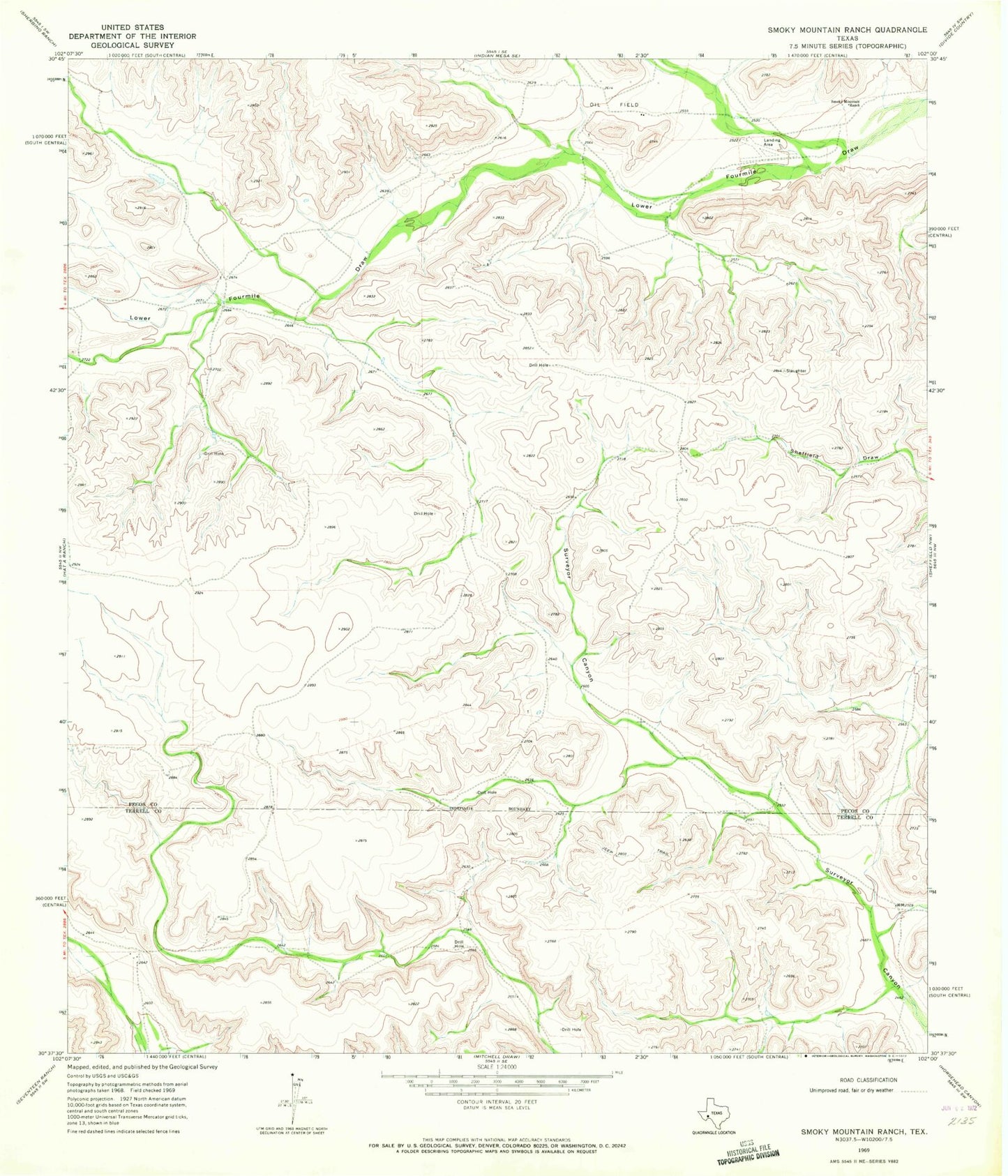 Classic USGS Smoky Mountain Ranch Texas 7.5'x7.5' Topo Map Image