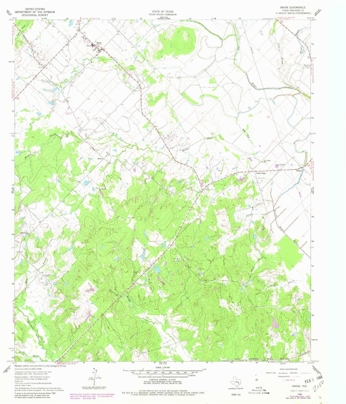 Classic USGS Snook Texas 7.5'x7.5' Topo Map Image