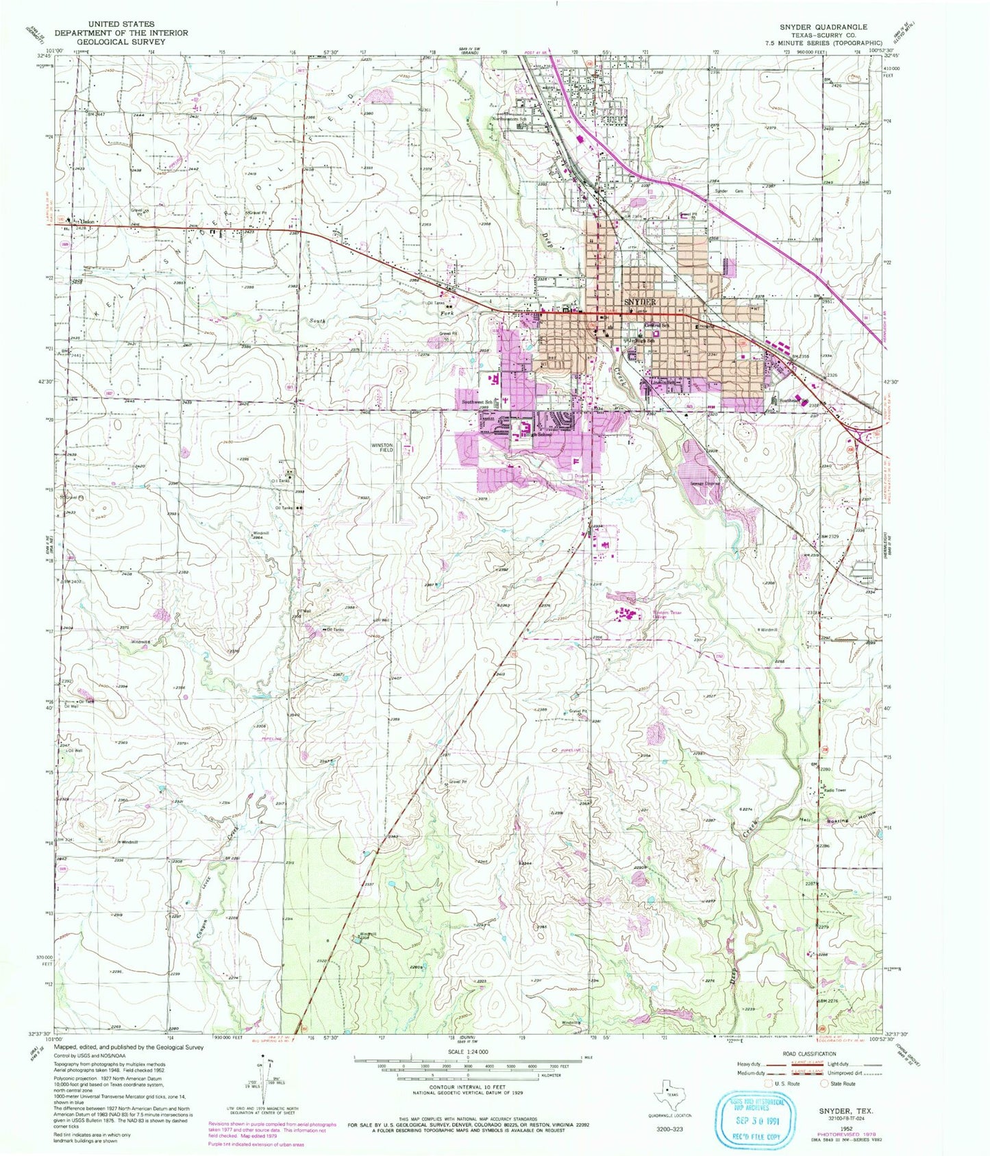 Classic USGS Snyder Texas 7.5'x7.5' Topo Map Image