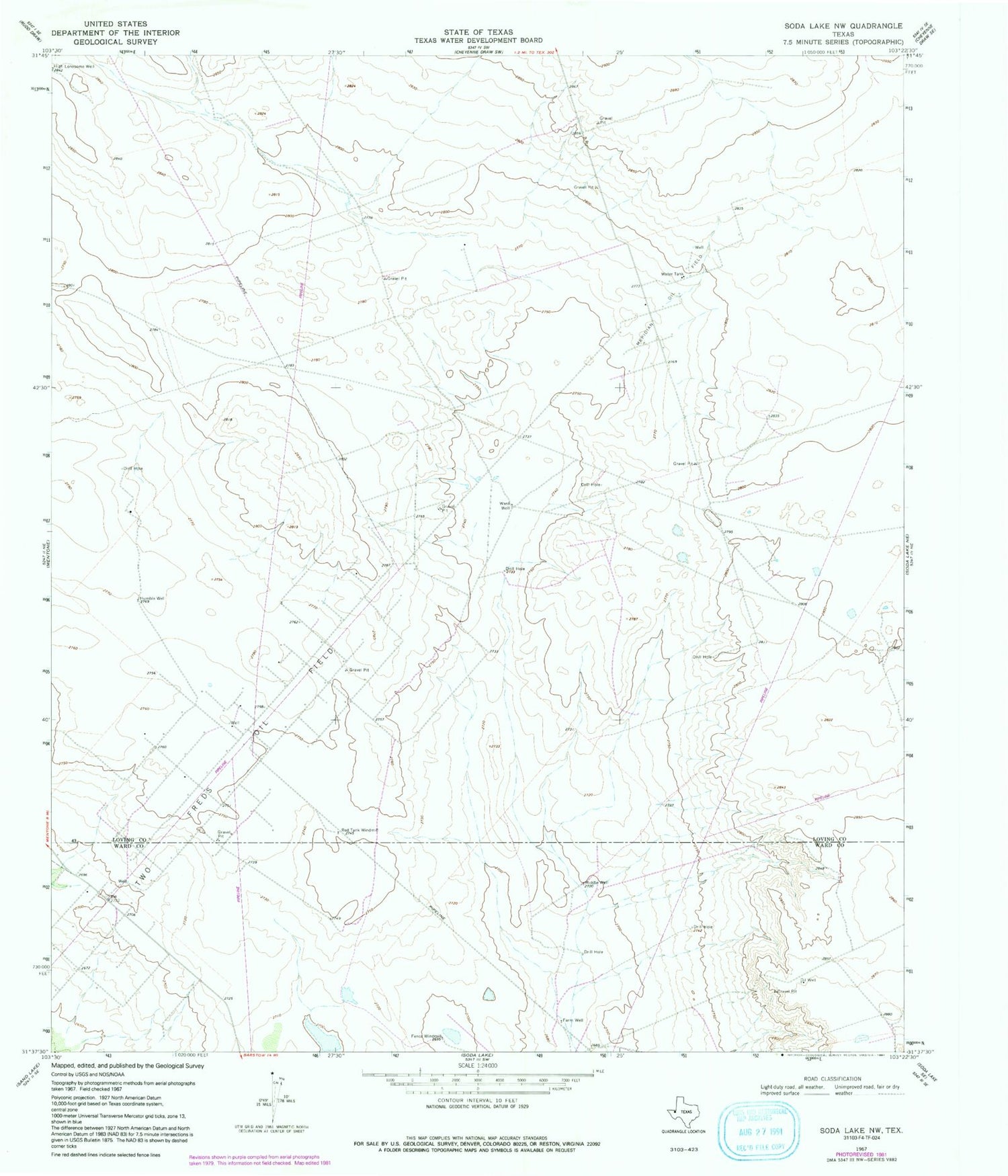 Classic USGS Soda Lake NW Texas 7.5'x7.5' Topo Map Image
