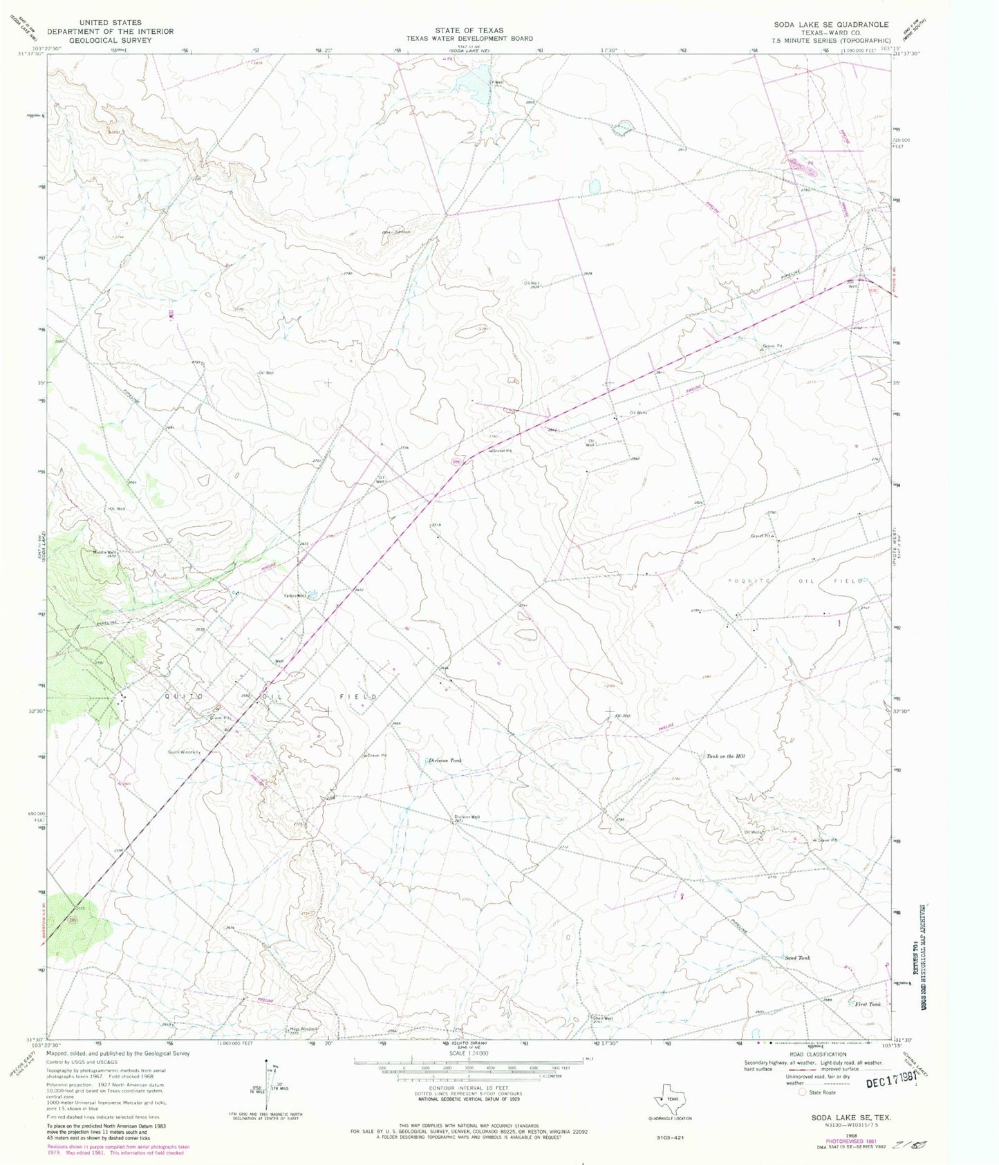 Classic USGS Soda Lake SE Texas 7.5'x7.5' Topo Map Image