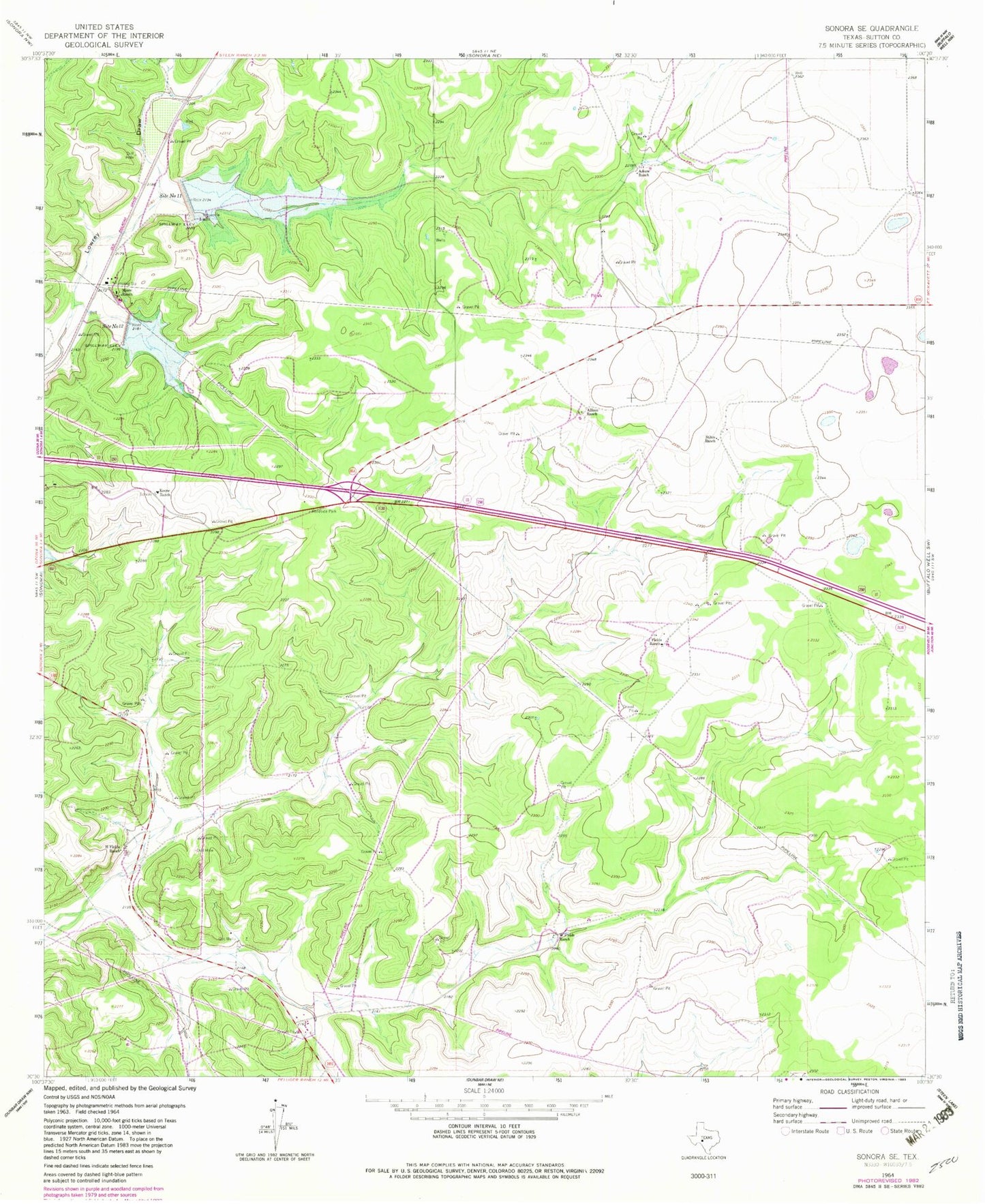 Classic USGS Sonora SE Texas 7.5'x7.5' Topo Map Image